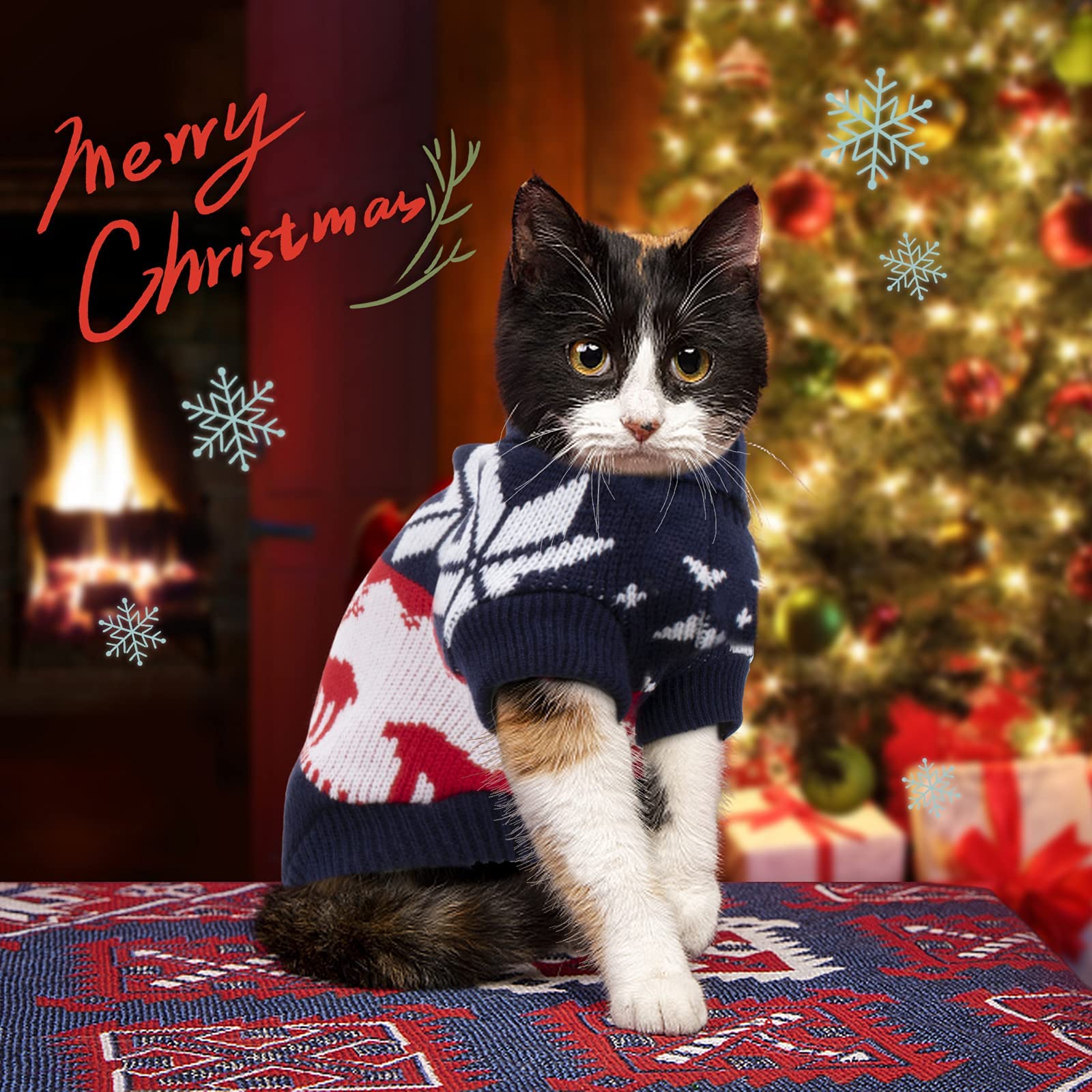 Rypet 2 Packs Cat Christmas Sweater - Puppy Christmas Sweater Pet Turtleneck Knitwear With Reindeer Santa Claus Pattern Sweaters