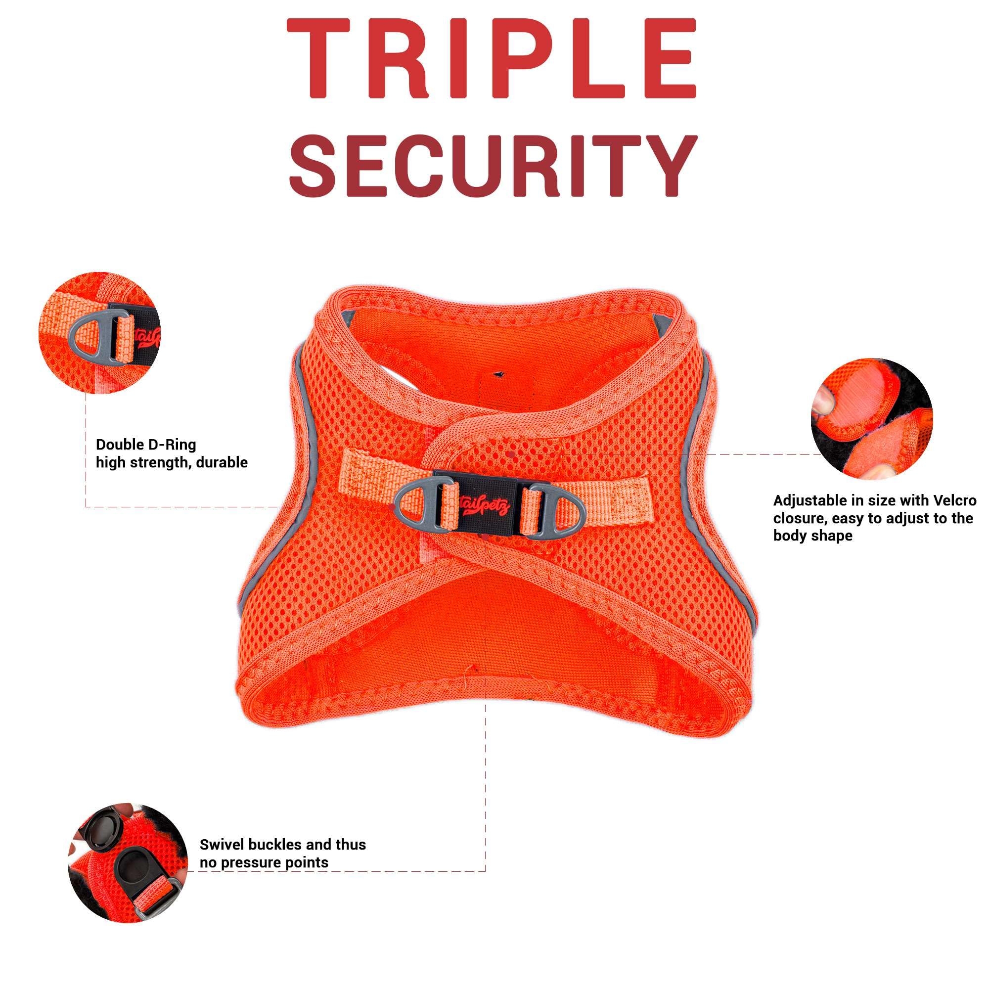 Tailpetz Orange Dog Harness Small Sized Dogs, Adjustable No Pull Step in Harness for Small Dog, Reflective Puppy Harness for Pup