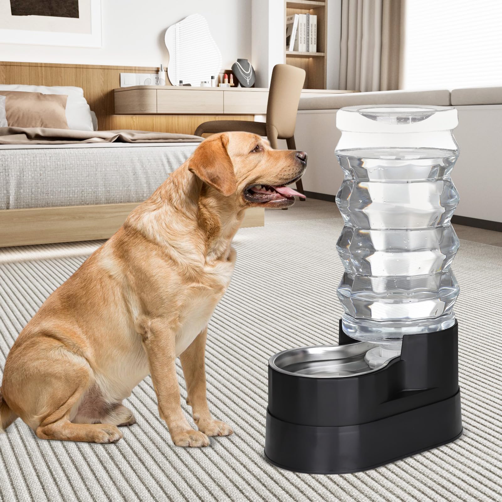 RIZZARI Upgraded Automatic Dog Water Dispenser: 9L Black Gravity Large Stainless Steel Raised Pet Feeder with Filter - Includes