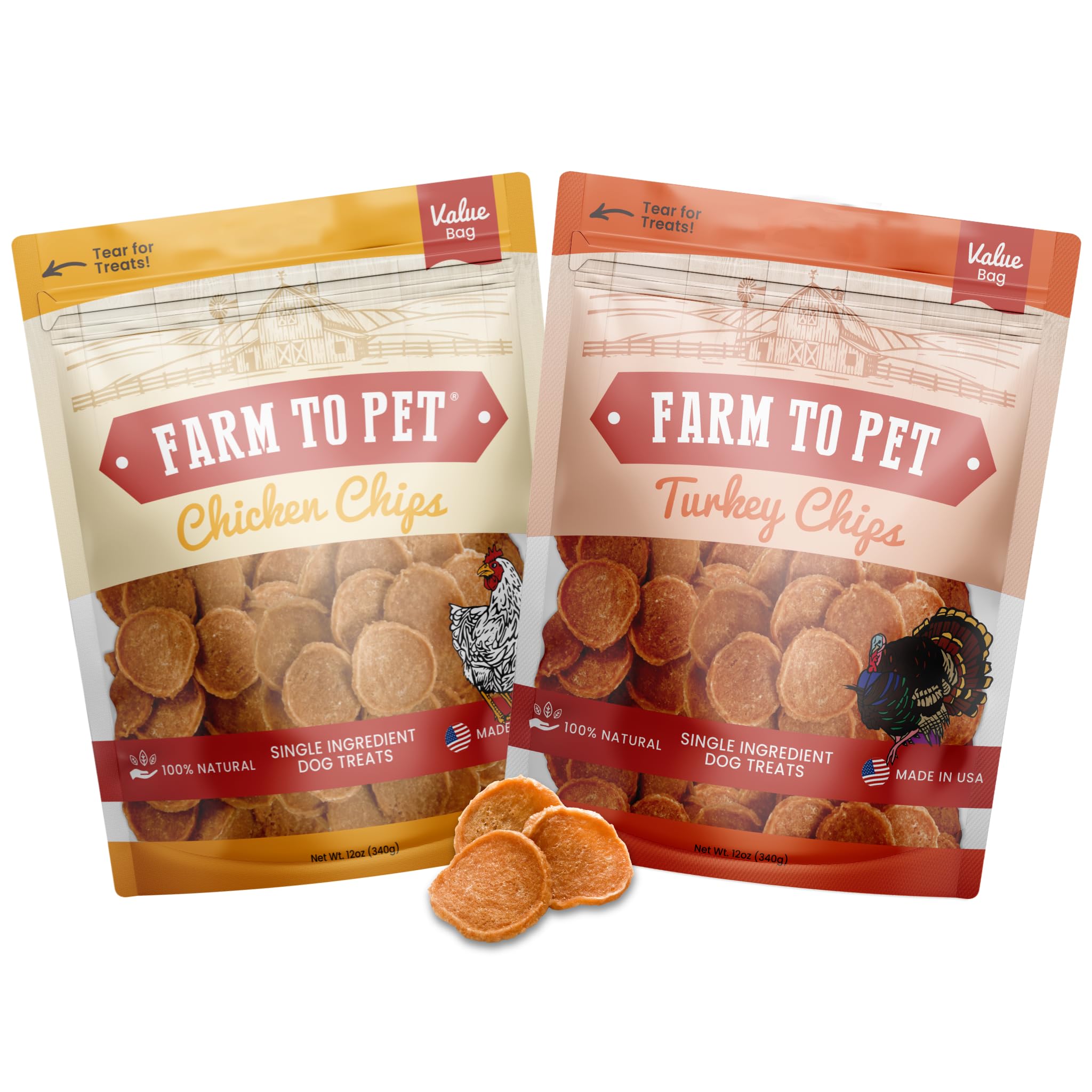 Farm To Pet - Dog Treats Chicken & Turkey Chip Protein Value Pack, 100% All Natural, Single Ingredient Training Treats, Made in 