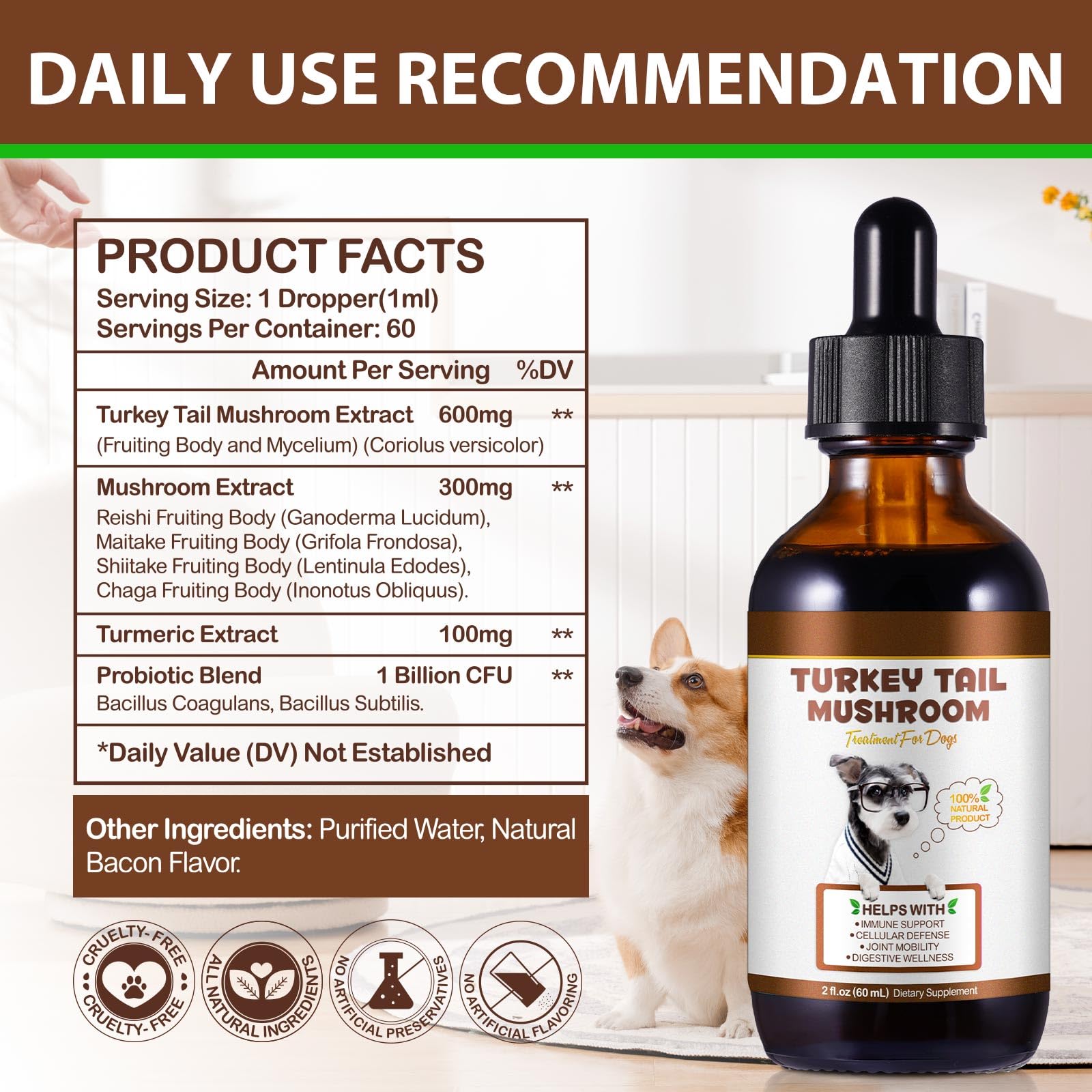 Turkey Tail Mushroom for Dogs, Faster Absorption Turkey Tail Mushroom for Immune & Digestive, Joint, Energy, Dog Mushrooms Drop