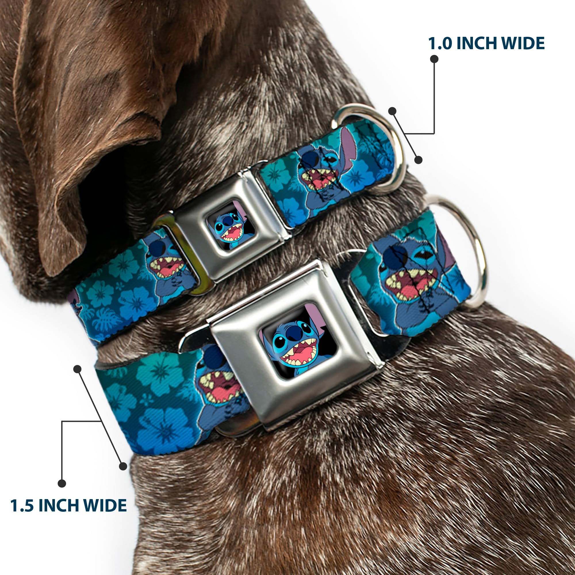 Buckle-Down Dog Collar Seatbelt Buckle Stitch Expressions Hibiscus Collage Green Blue Fade 13 To 18 Inches 1.5 Inch Wide, Multic