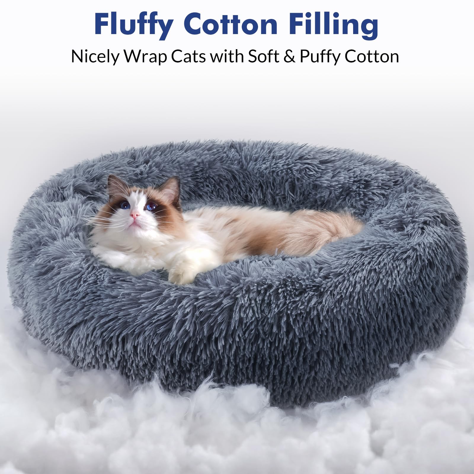 Rabbitgoo Cat Beds For Indoor Cats, 20 Inches Cat Bed Machine Washable, Fluffy Round Pet Bed Non-Slip, Calming Soft Plush Donut