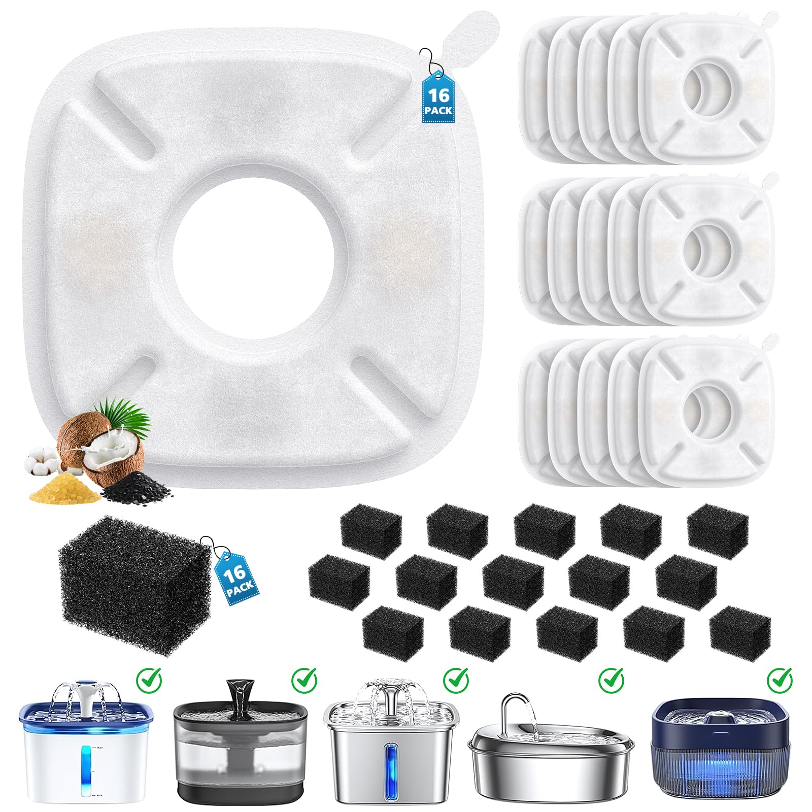 32 Pcs Cat Water Fountain Filters for Veken 95oz/2.8L, 67oz, 85oz, 135oz Dog Water Fountain Automatic Pet Fountain Dog Water Dis