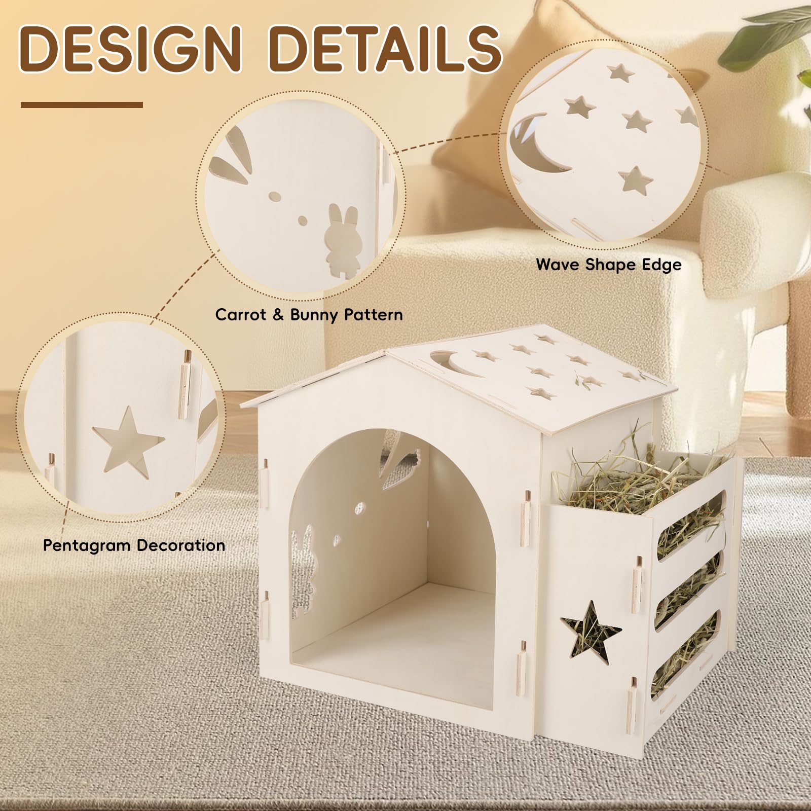 Extra Large Rabbit House & Rabbit Hay Feeder, Indoor Bunny House With Bunny Hay Feeder, Small Animal Houses & Habitats And Guine