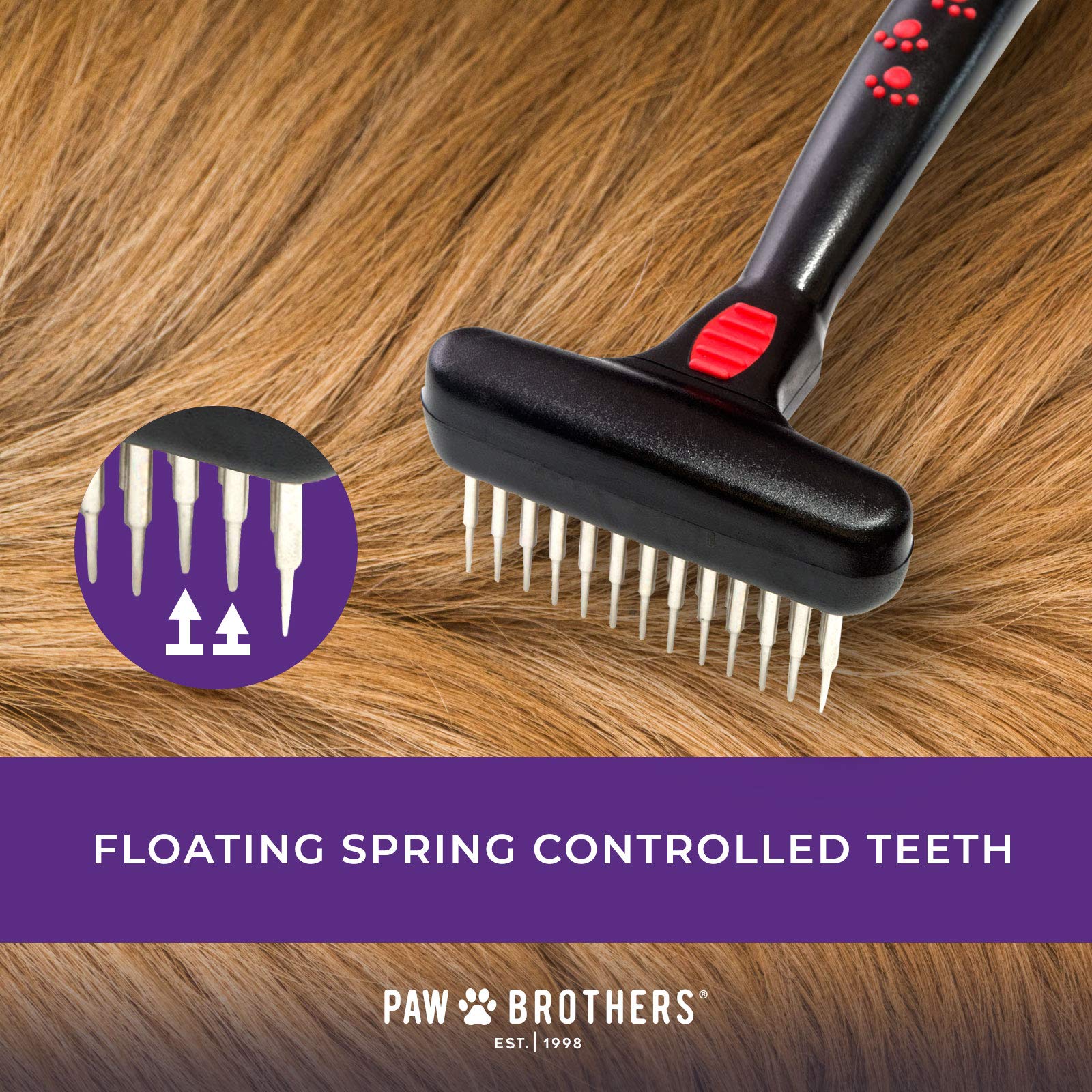 Ryan'S Pet Supplies Paw Brothers Magic Spring Undercoat Rake For Dogs, Professional Grade, Spriing Loaded Pins, Comfort Grip, 6.8 In