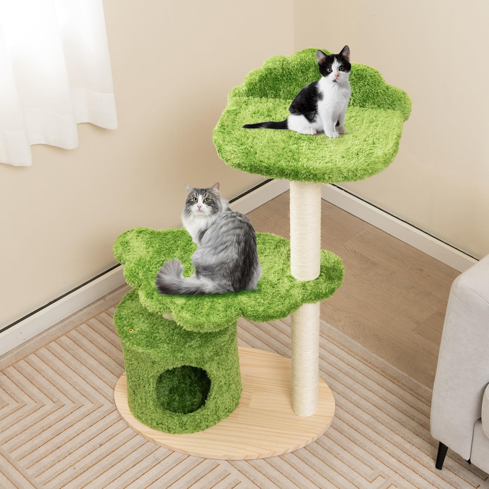 Tangkula Cat Tree Tower, Multi-Level Modern Wood Cat Tower With Sisal Scratching Posts, Top Perch, Solid Wood Base, Cute Cat Con