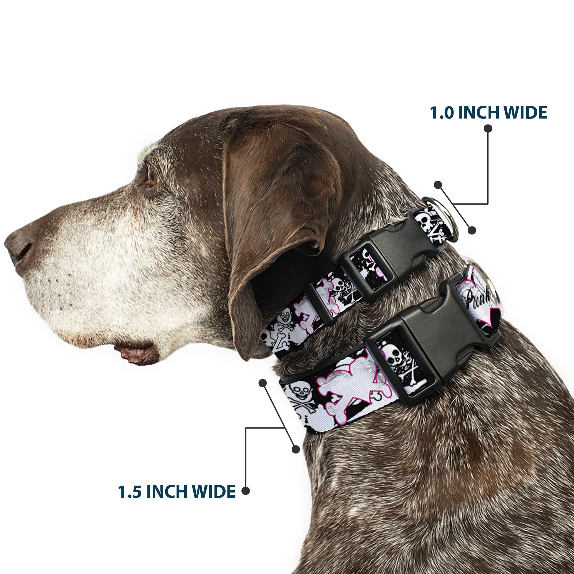 Buckle-Down 13-18 Punk Heart & Cross Bones with Skulls & Splatter Black/White Plastic Clip Collar, Wide Small