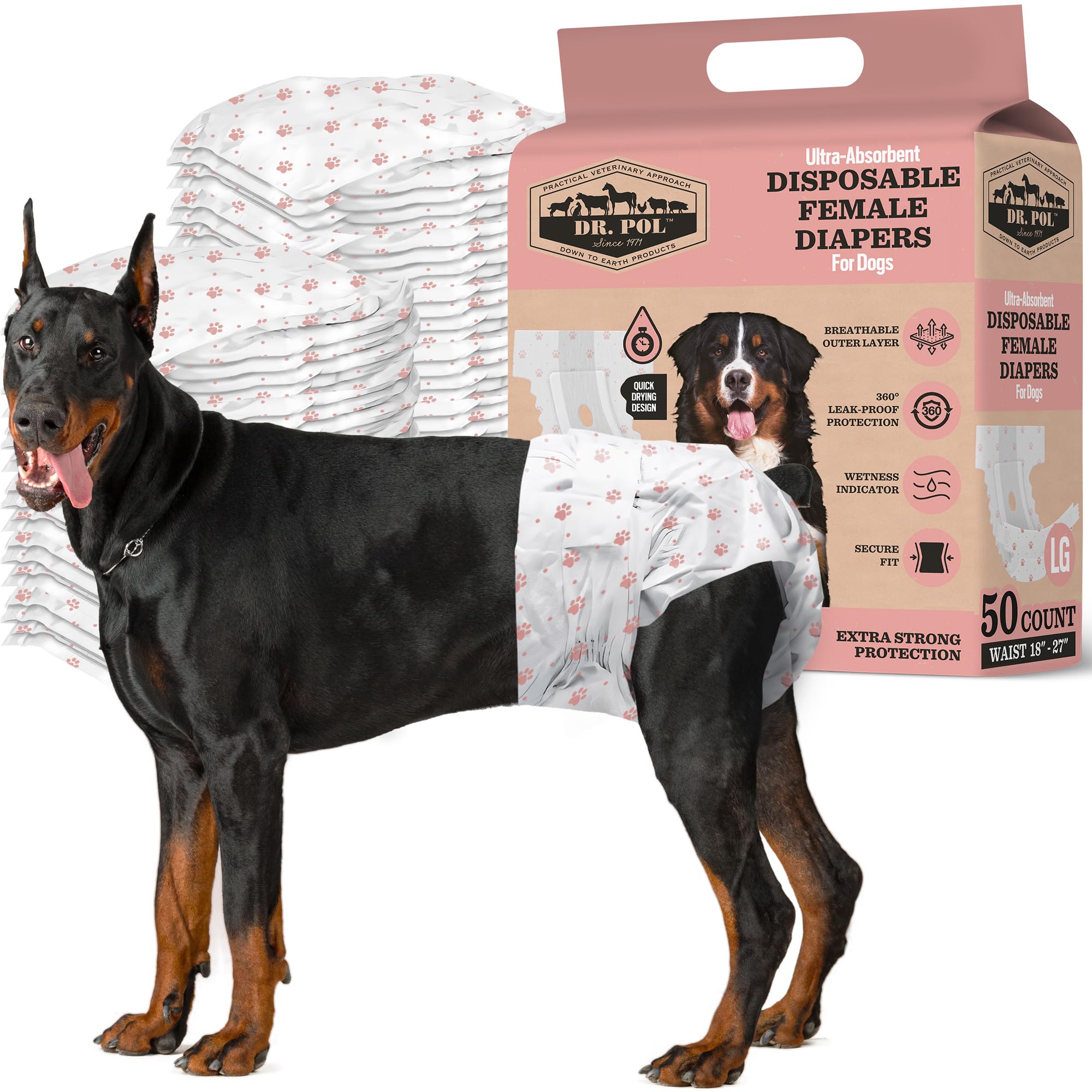 Dr. Pol Female Dog Diapers - Super Absorbent, Breathable, Leak-Proof With Wetness Indicator, Large, 50 Count