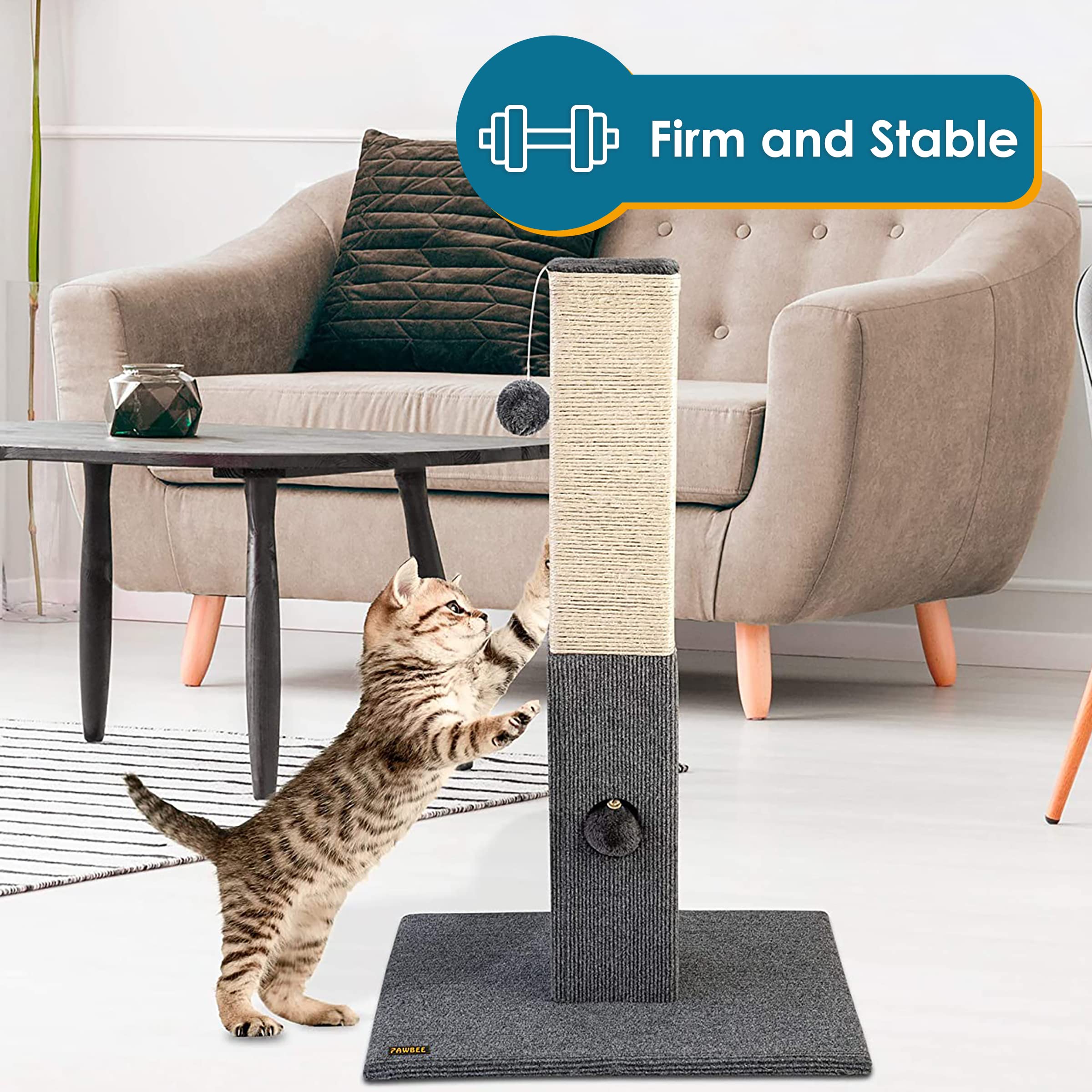 Pawbee - 32' Cat Scratching Post - Sisal Rope Indoor Cat Tall Scratchers For Small & Large Cats - Cat Post Tower With Jingle Bell Toy - Cat Scratcher