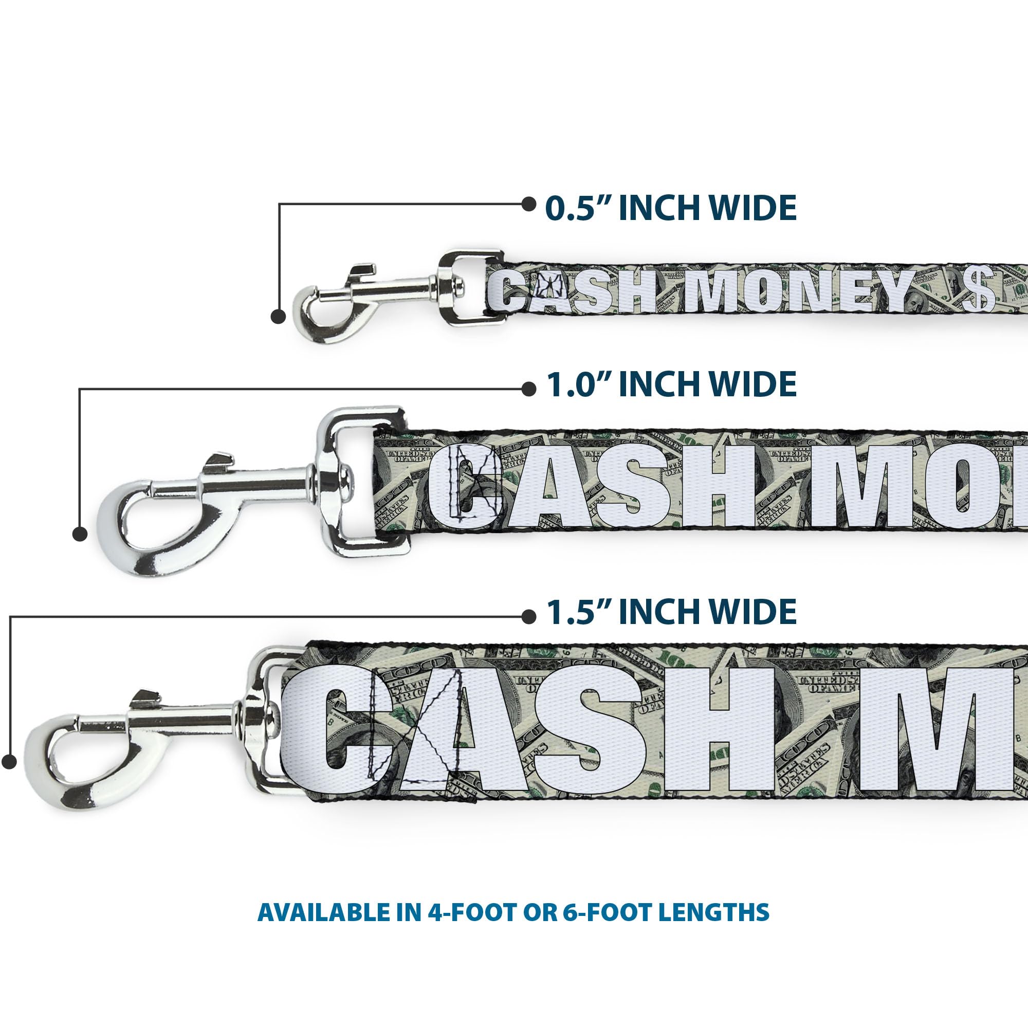 Dog Leash Cash Money Dollar Bills White Fill 4 Feet Long 1.5 Inch Wide