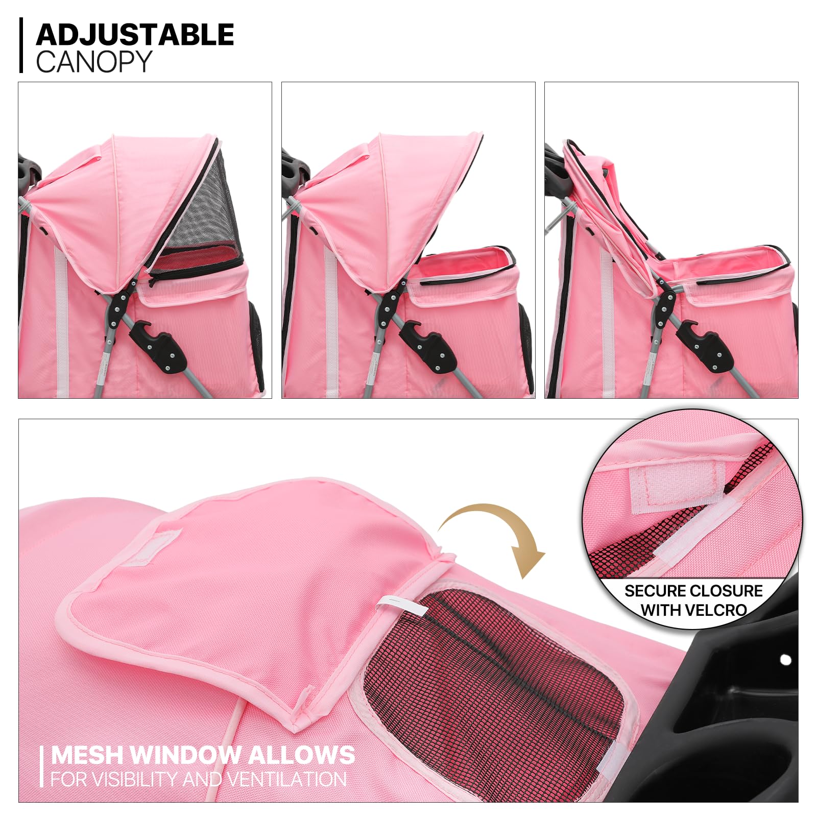 Monibloom 3-Wheels Foldable Pet Stroller With Waterproof Cover, Pet Strolling Cart For Small/Medium Dogs And Cats With Storage Basket And Cup Holder, Breathable And Visible Mesh For All-Season, Pink