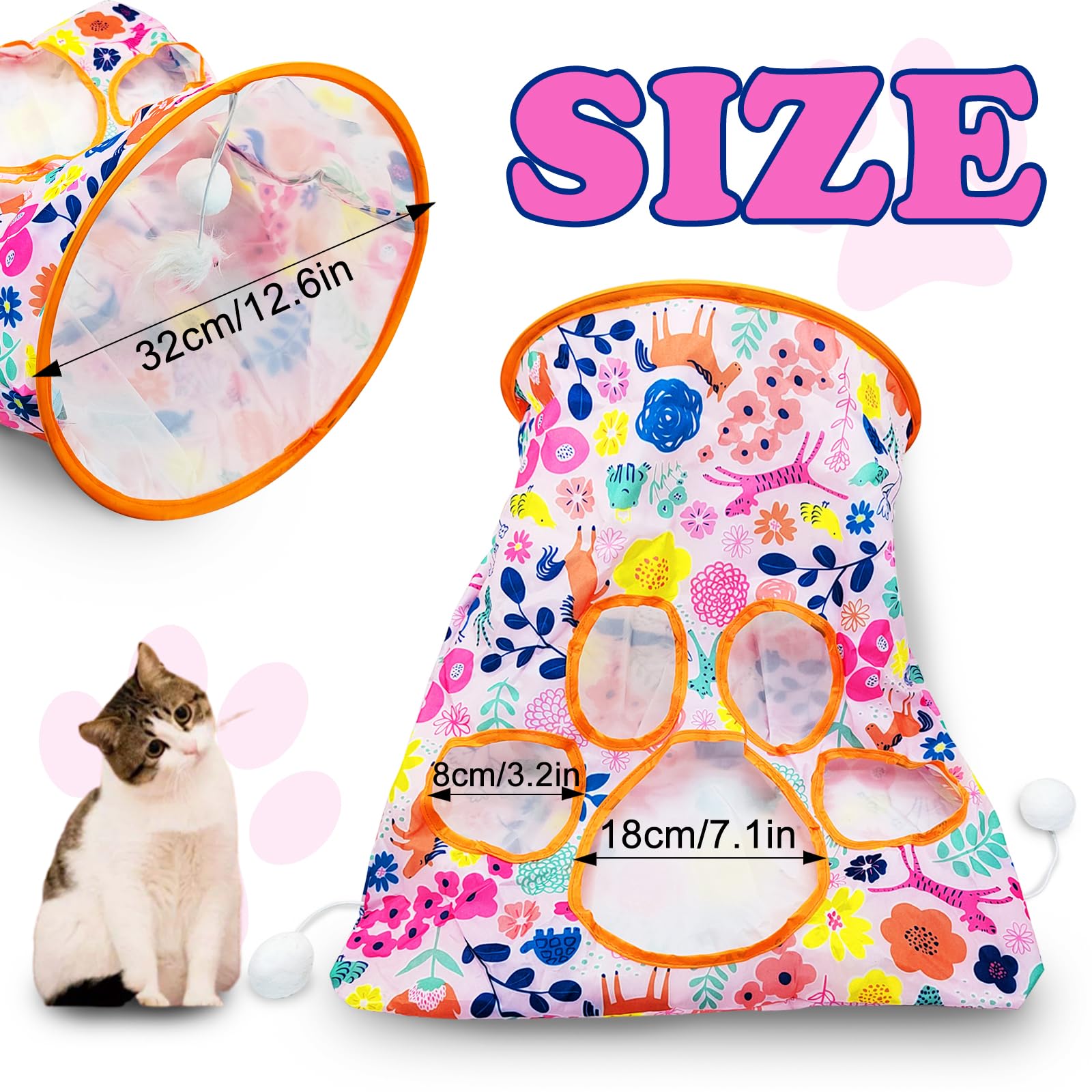 Andiker Cat Tunnel Bags For Indoor Cats, 13X17X12In Foldable Cat Crinkle Bag With 3 White Plush Balls And 1 Mouse 5 Holes For Ki