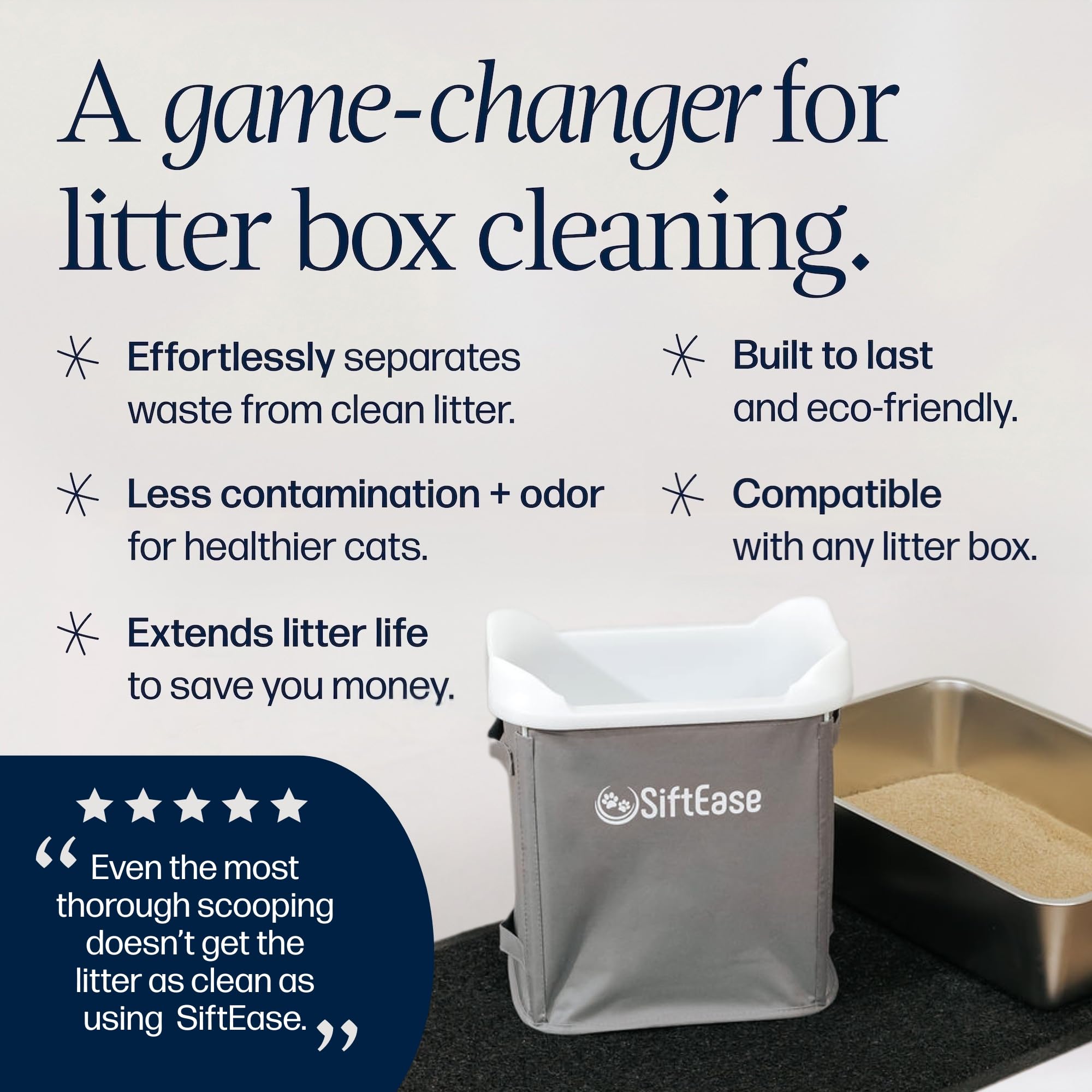 Cat Litter Sifter - SiftEase Litter Box Sifting, Fast & Easy Scoop Free Cleaner, Large Sifter with Bin for Longer Lasting Litter