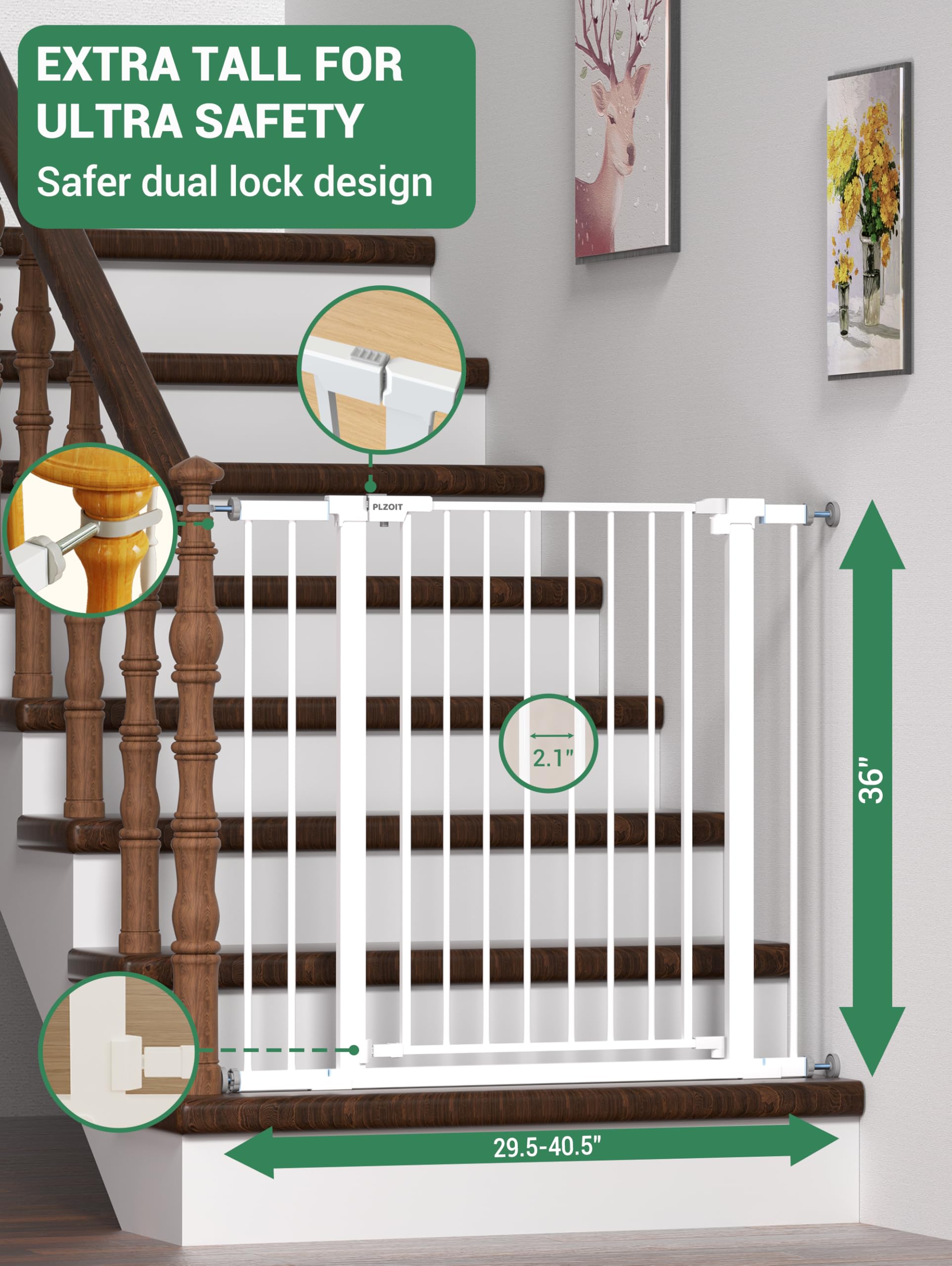 36  Extra Tall Baby Gate for Stairs, 29.5-40.5  Wide Dog Gate for Doorways, Walk Thru Auto Close Metal Pet Gate for The House, S