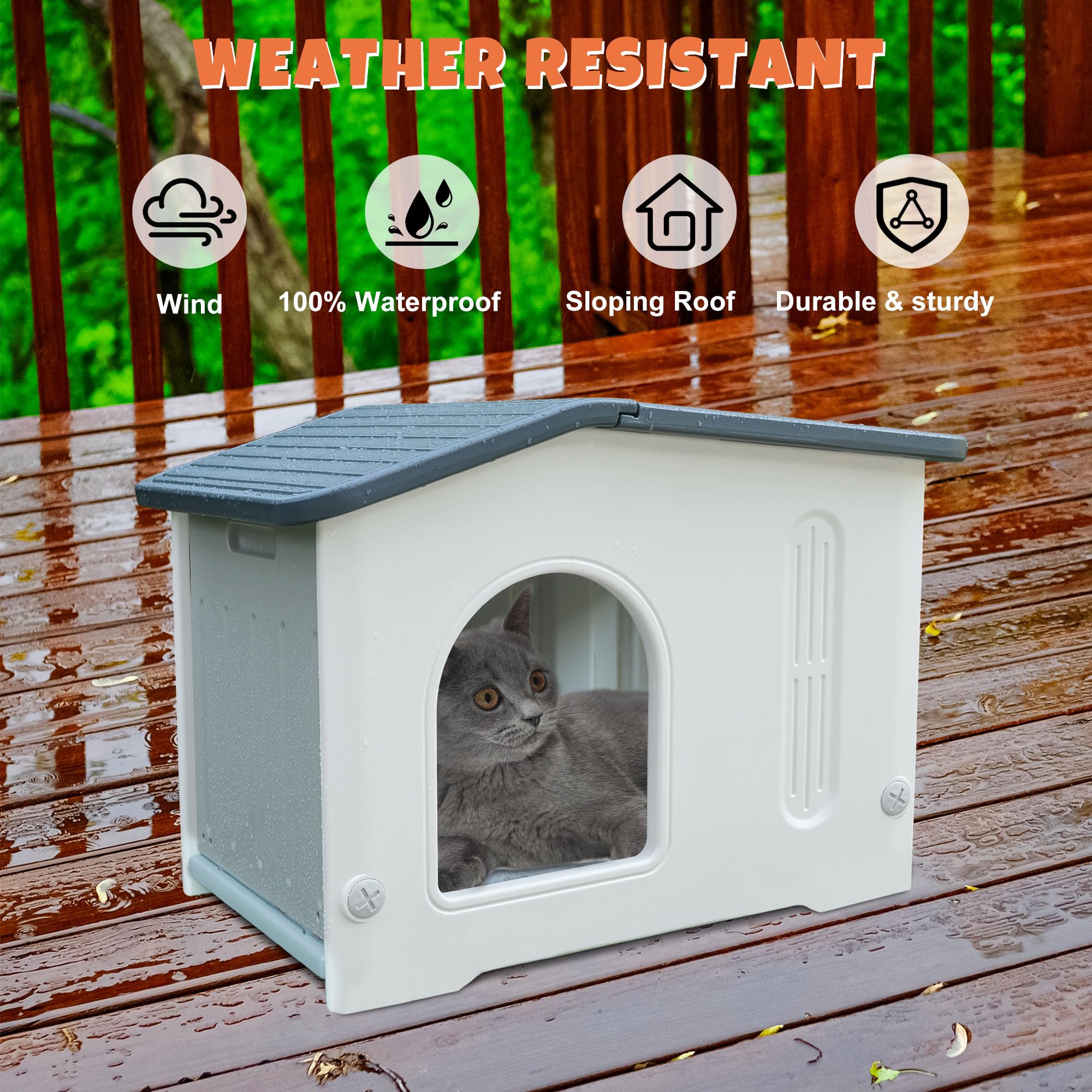 CSQOO Waterproof Outdoor Cat House for Feral Cats, Plastic, Grey with Mat, Model cs4011, Easy Assembly
