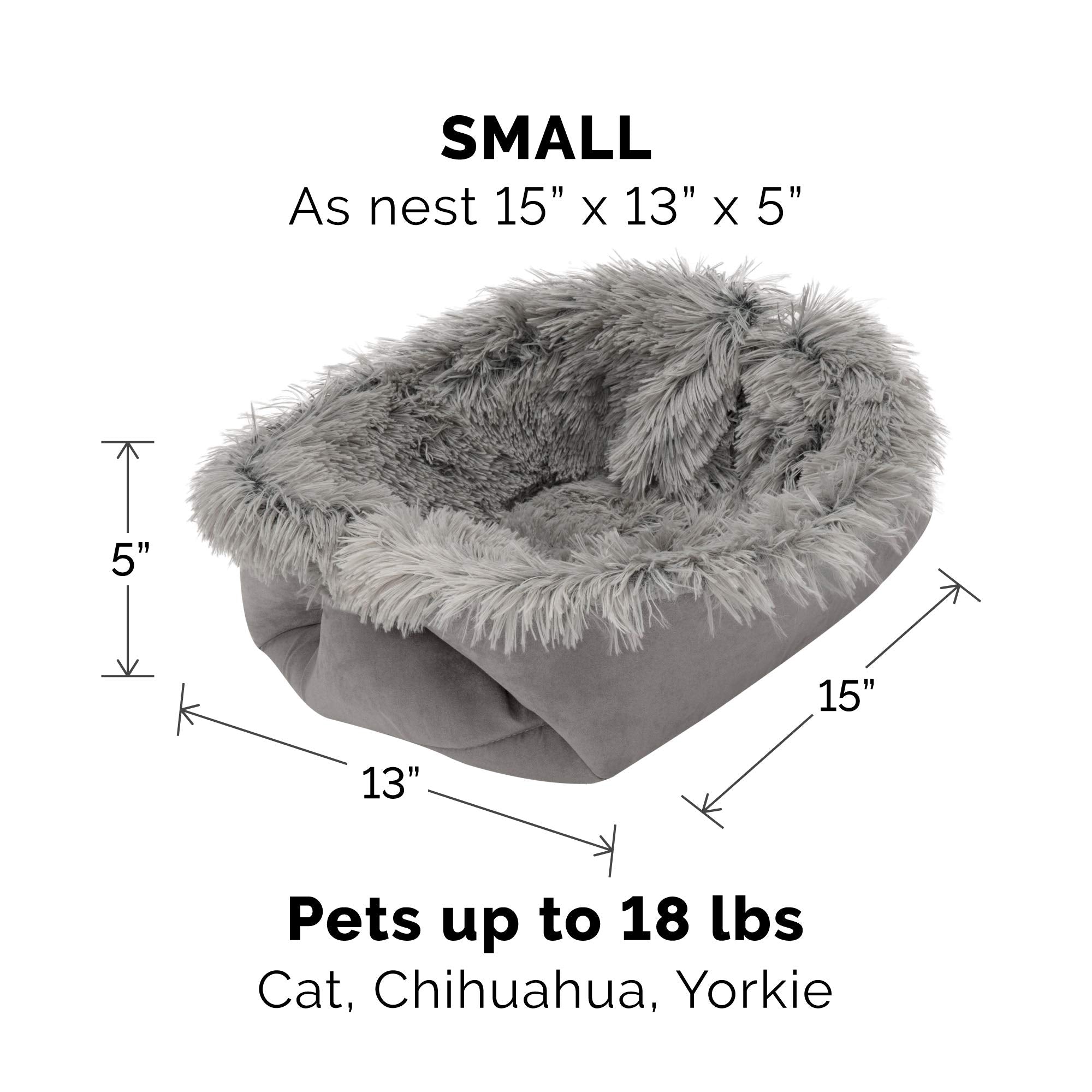 Furhaven Self-Warming Cat Bed for Indoor Cats, 4-Beds-in-1 & Washable - Plush Long Faux Fur Convertible Cuddler - Gray, Small