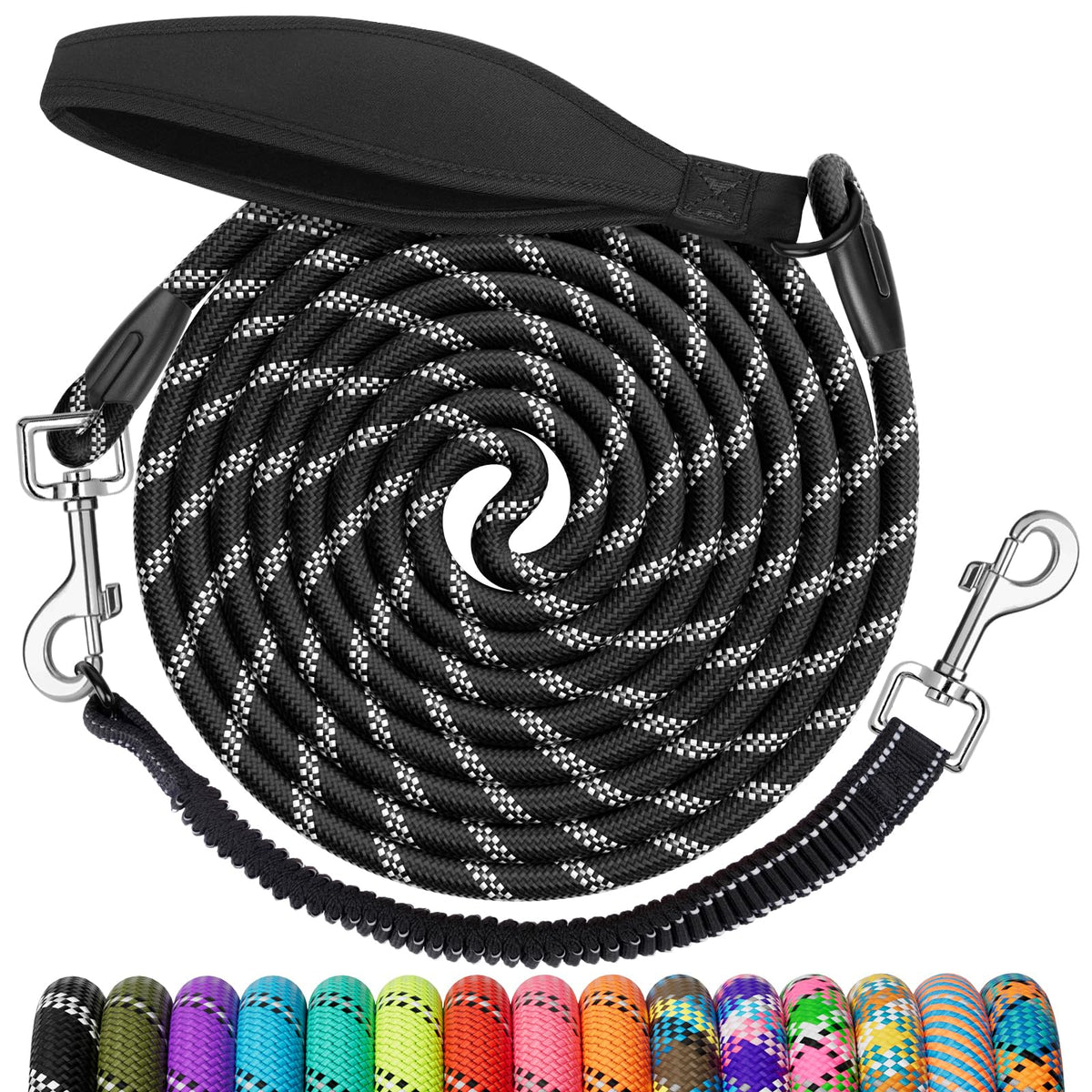 Ntr 30Ft Puppy Leash, Nylon Rope Long Leash With Swivel Hooks & Ergonomic Padded Handle, Reflective Detachable Bungee Leash For Small Medium Large Dogs Training, Playing, Camping, Backyard