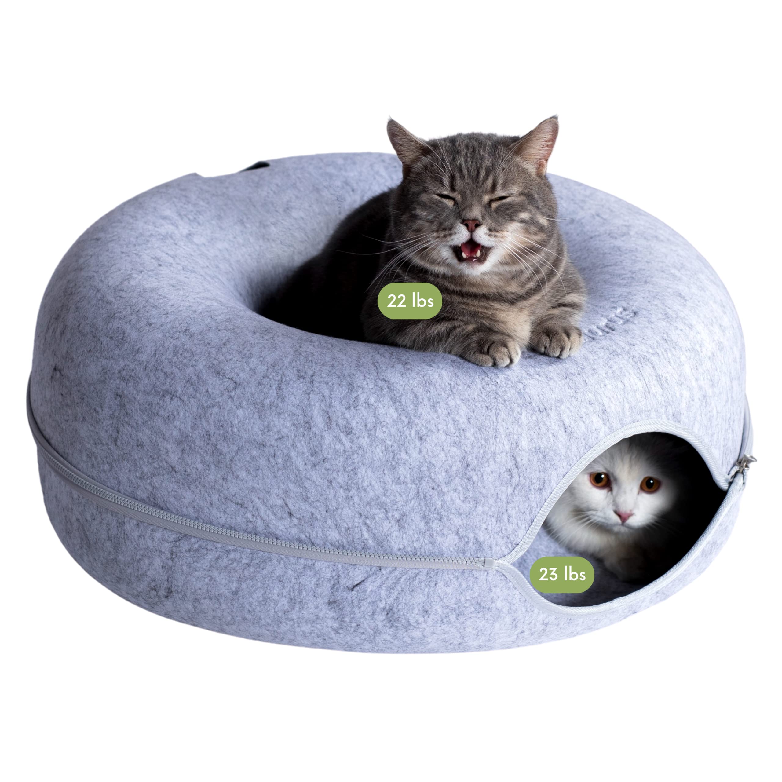 Cattasaurus Peekaboo Cat Cave For Multiple & Large Cats Up To 30-45 Lbs, Scratch Detachable & Washable Tunnel Bed, Comfy Donut Cat Cave (Light Gray, Large)