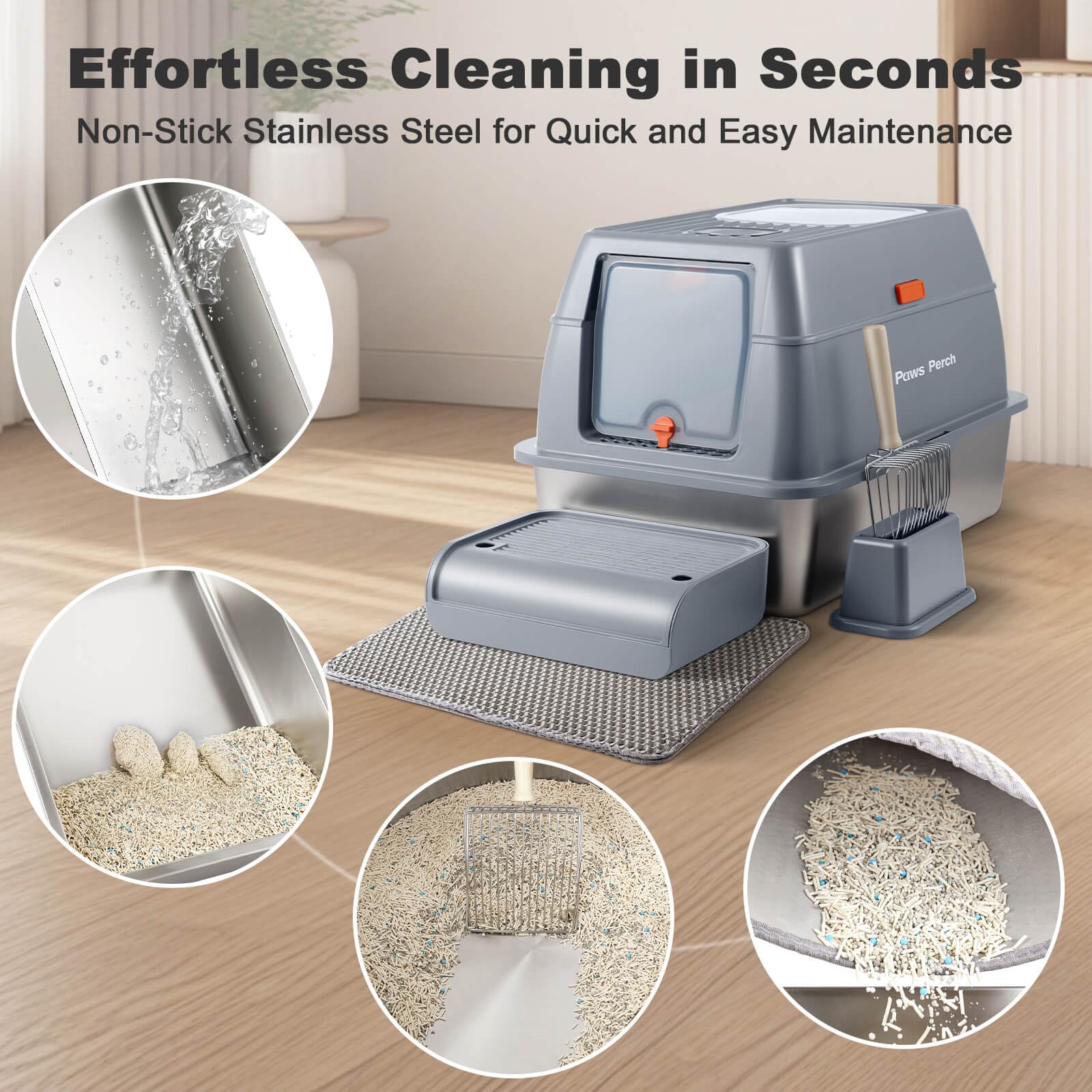 Stainless Steel Metal Cat Litter Box Large Enclosed With Lid, Dog Proof Jumbo Hooded High Sides For Big Cats, Indoor Multi Cat U