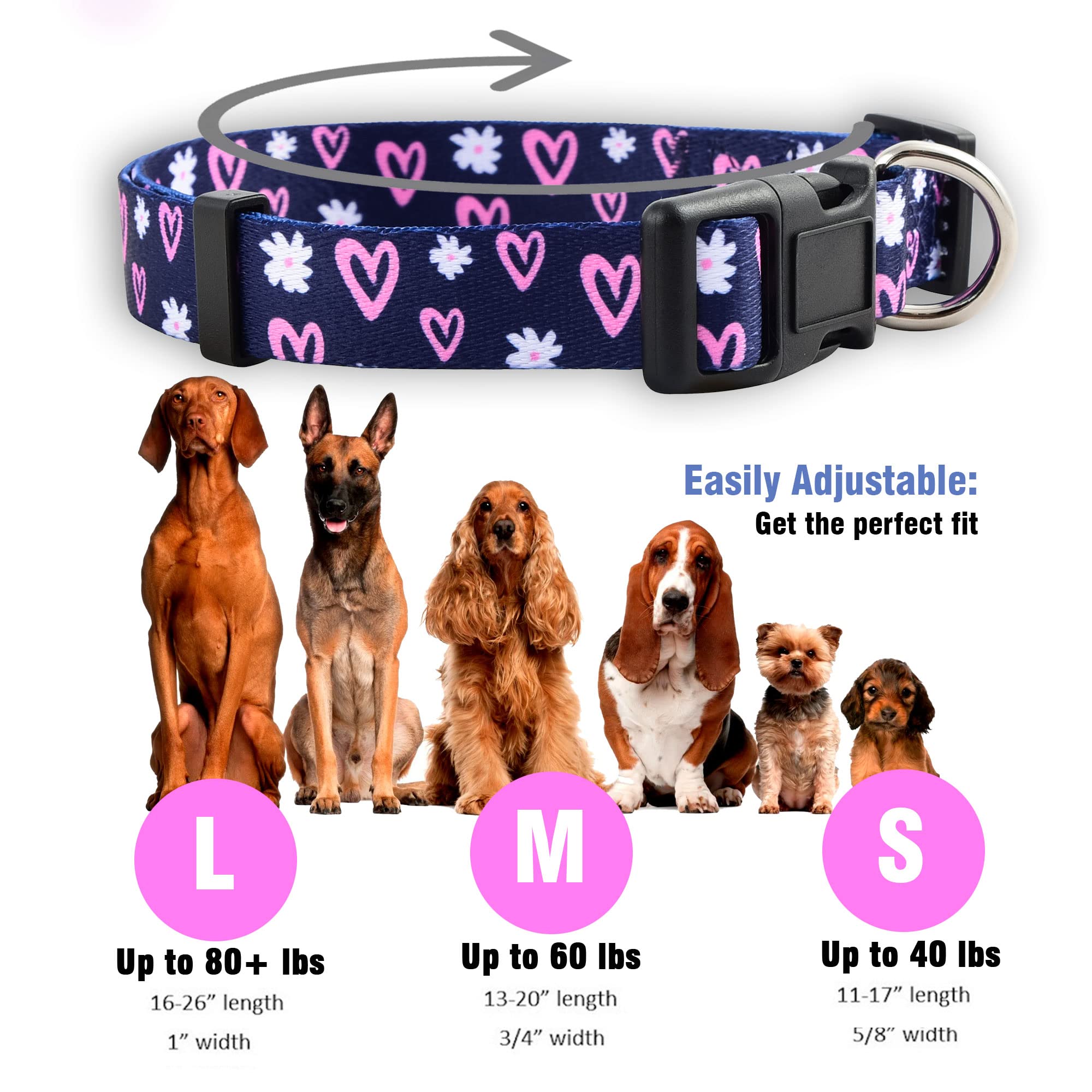 Native Pup Girl Dog Collar Collection, Cute Pink Girly Patterns For Female Puppies, Hearts, Roses, Flowers, Camo, Polka Dot, Gift For Large Or Small Breed (Hearts, Medium)