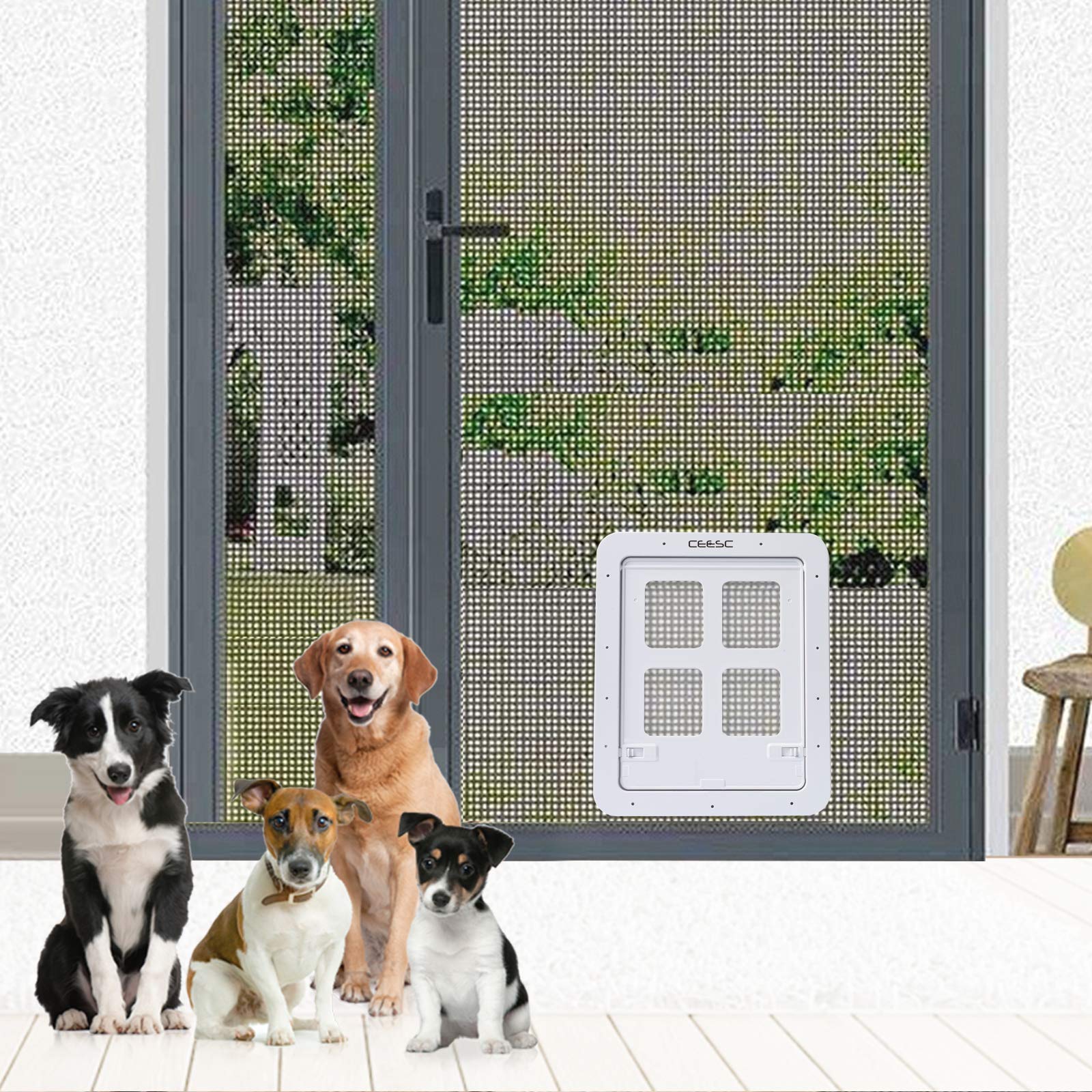 Ceesc Dog Screen Door (Outer Size 14.56' X 16.92'), Lockable Pet Screen Door For Dogs & Doggie, Doggie Door For Screen Door(Large, White)