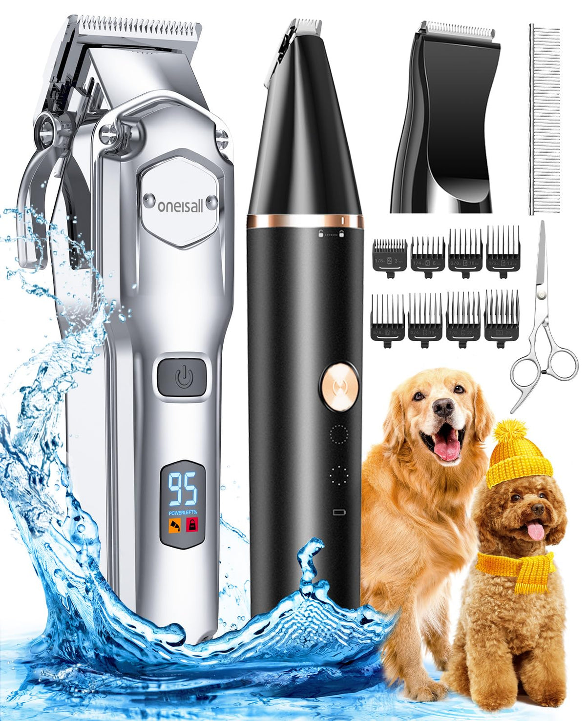 Oneisall Dog Grooming Kit For Heavy Thick Hair&Coats/Low Noise Rechargeable Cordless Pet Shaver With Stainless Steel Blade And Dog Paw Trimmer/Waterproof Dog Shaver For Dogs Pets Animals