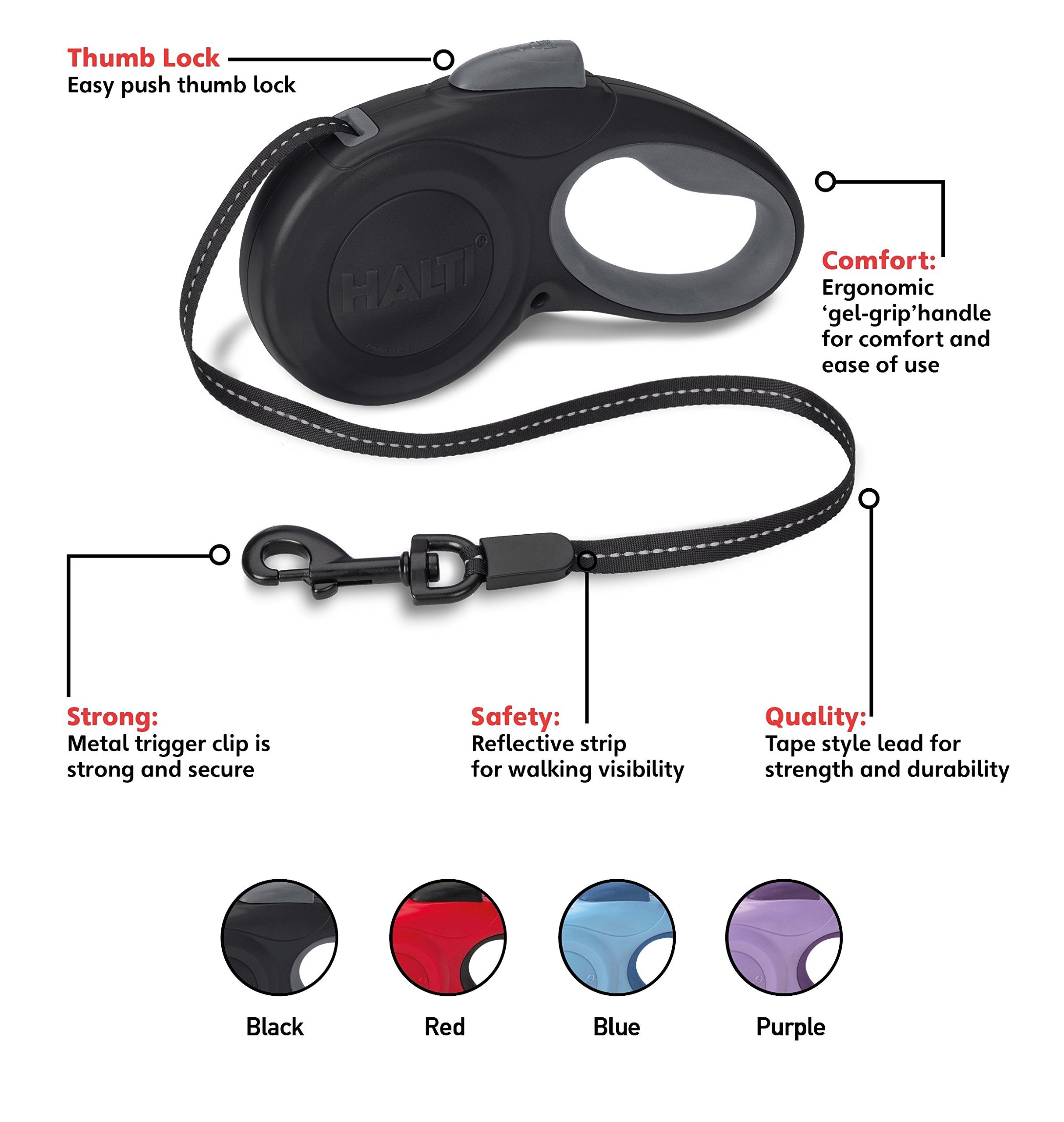 Halti Retractable Leash For Dogs - Strong & Reflective Extendable Leash, Soft Gel Grip Handle, Easy To Use Brake & Lock. Suitable For Large (Size Large, Black, 3M)