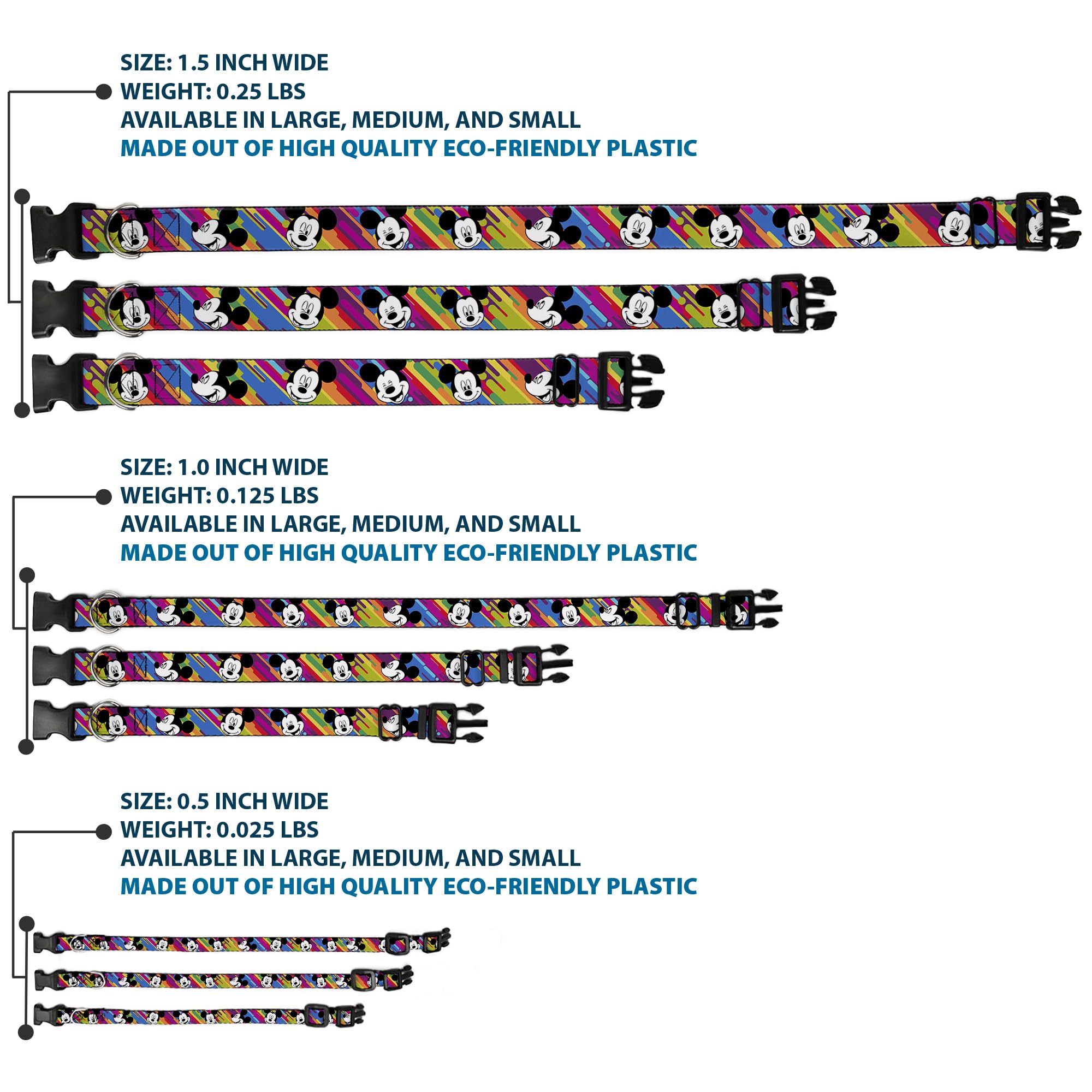 Buckle-Down Plastic Clip Collar - Mickey Mouse Expressions Multi Color White/Black - 1/2'' Wide - Fits 6-9'' Neck - Small
