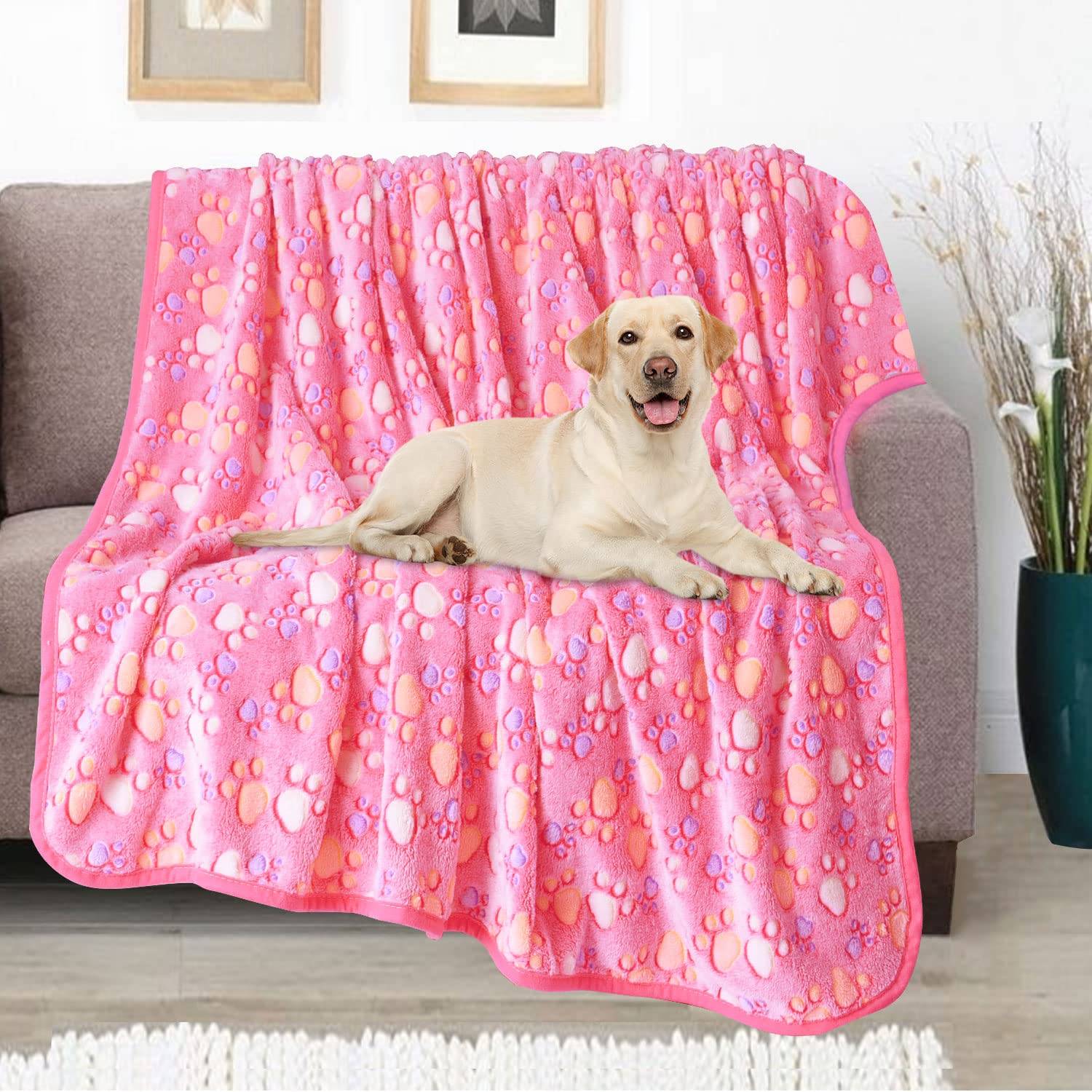 Rezutan Upgraded Dog Blankets For Large Dogs, Dog Cat Blankets Washable 40' X 50', Soft Pet Mat Throw Cover For Kennel Crate Bed, Cute Paw Pattern, Dog Blanket, Pet Blanket (1 Pack Pink)