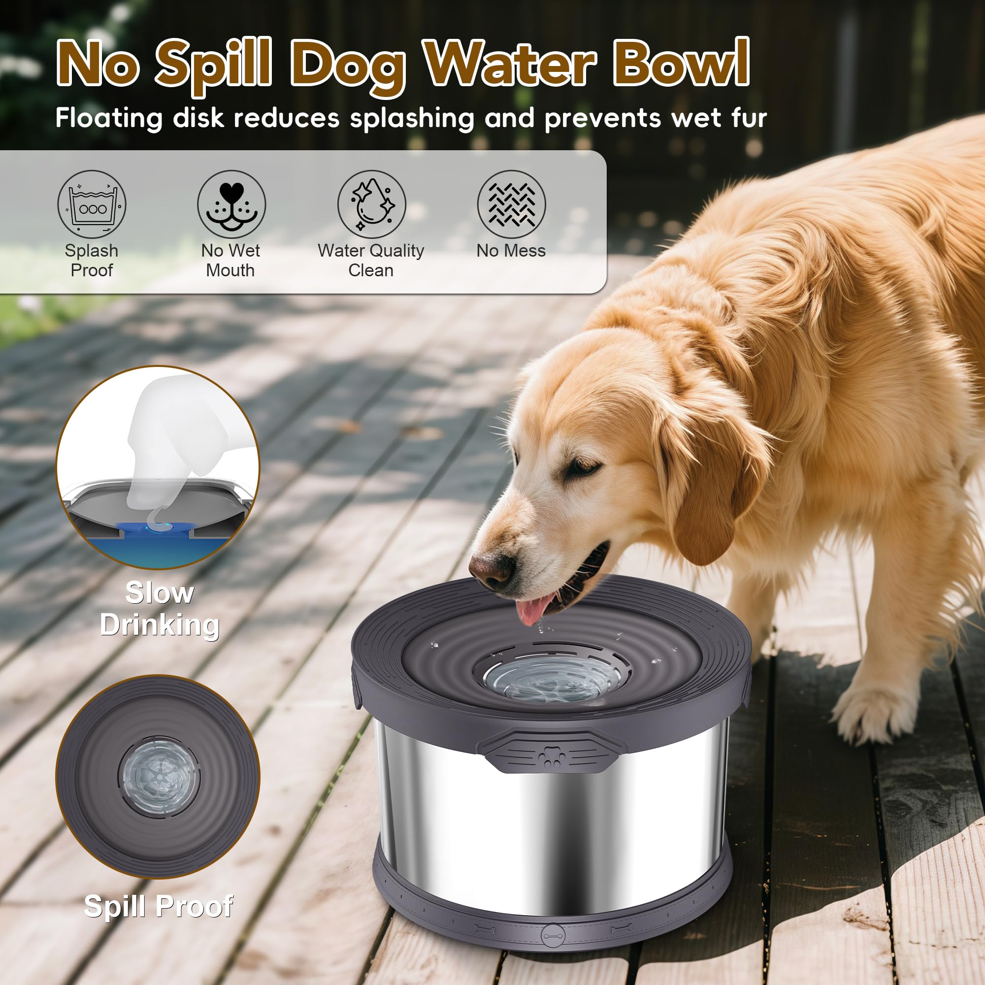 Upsky Dog Water Bowl No Spill 10L Stainless Steel, 2.6 Gallon Large Capacity Spill-Proof Dog Bowls, Non-Slip Slow Drinking Anti-