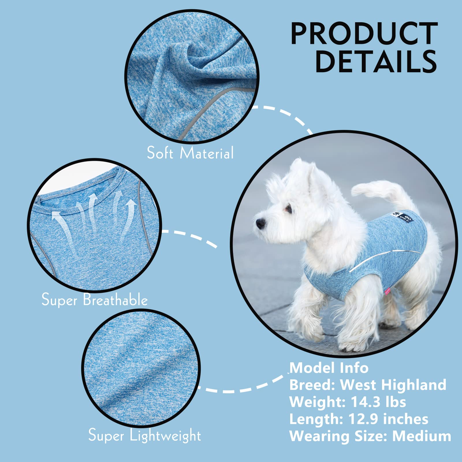 Kyeese Dog Shirt Quick Dry Soft Breathable Medium Dog T-Shirt With Reflective Stripe Lightweight Tank Top Summer Sun Protection Sleeveless Vest Pet Apparel