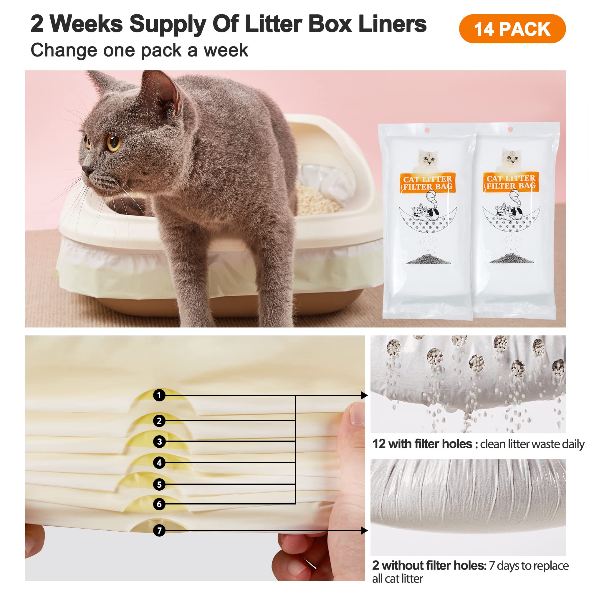 Cat Litter Bags Sifting 14 Pcs,Super Jumbo Litter Box Liner Quick Clean For All Cat Litter Boxes, Extra Thick Cat Poop Bags For Durability, Elastic Drawstring Litter Box Liners-Addpets