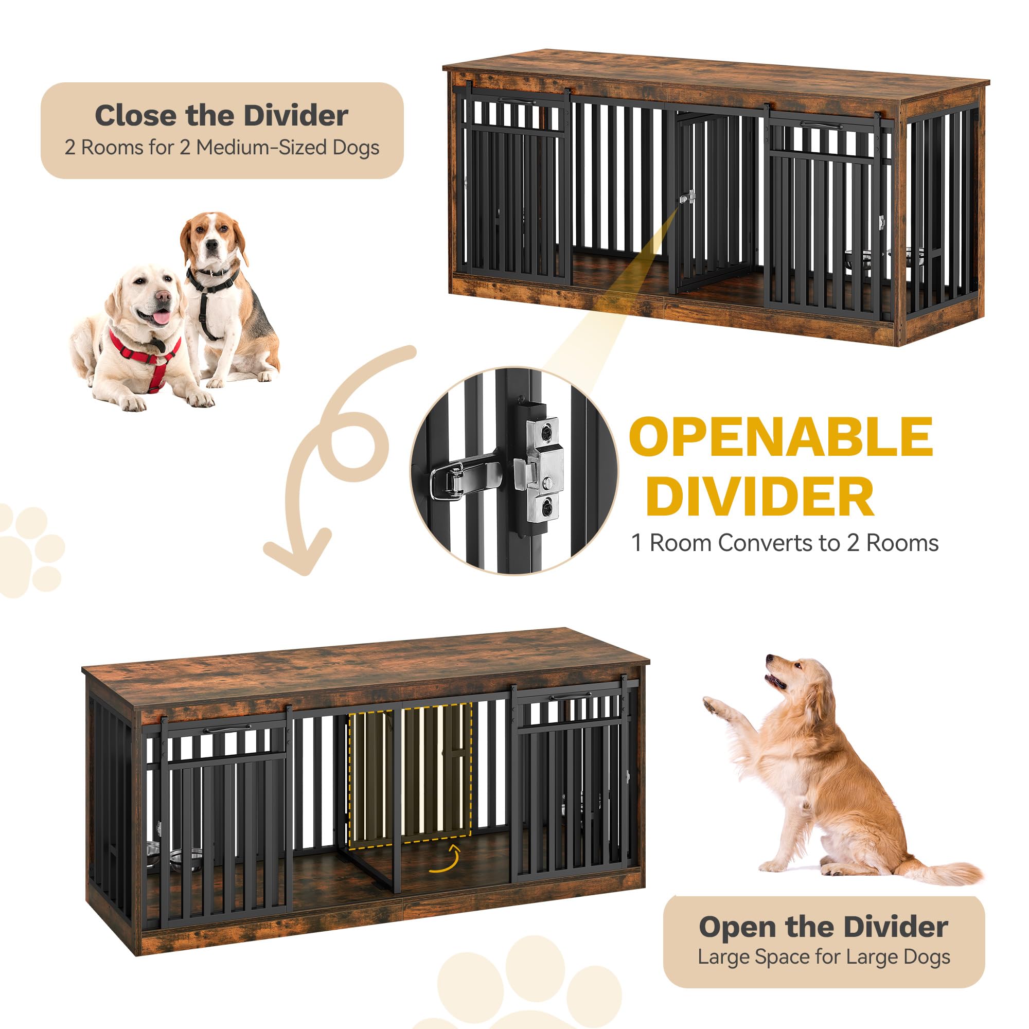 DWVO Double Dog Crate Furniture for 2 Medium Dogs, Heavy Duty Engineered Wood, Rustic Brown, 70.9"L x 23.6"W x 31.5"H, Model