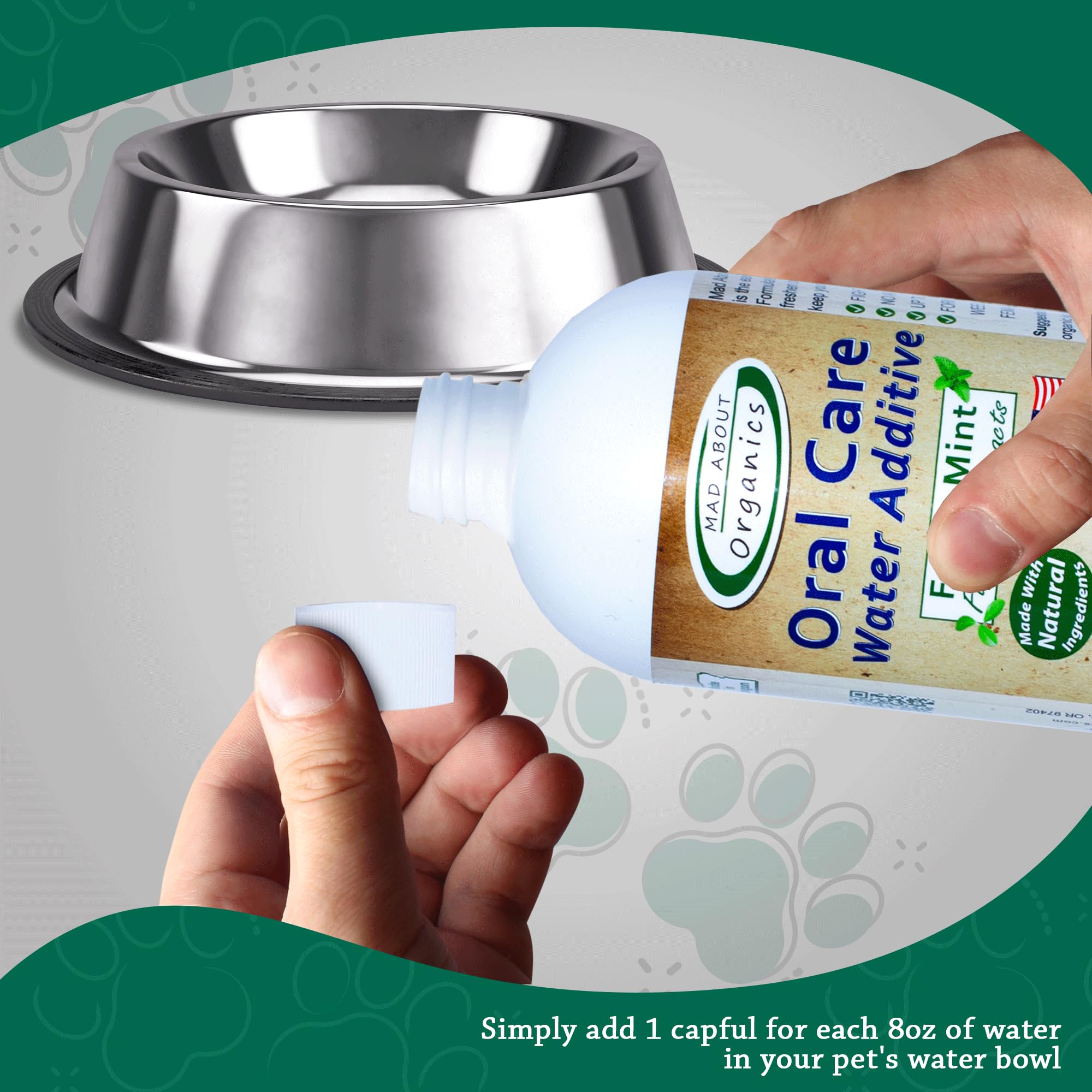 Mad About Organics Oral Care Water Additive for Cats & Dogs, Fresh Mint Flavor, 32 FL OZ, Gentle Dental Support
