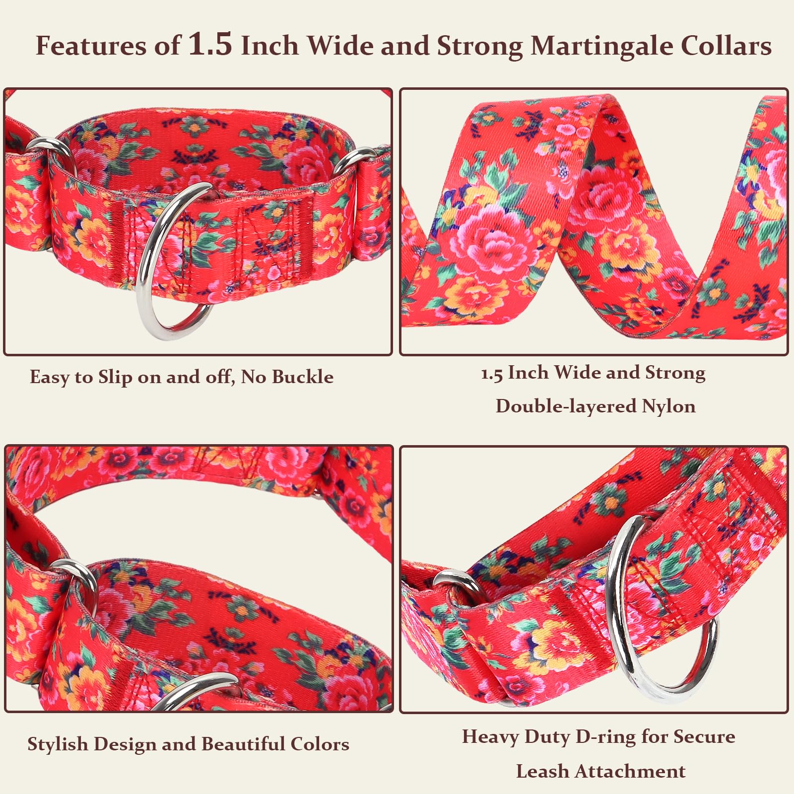 Martingale Collar For Dogs 1.5 Inch Wide,Red Floral No Pull Heavy Duty Dog Collar For Medium Large Extra Large Dogs M