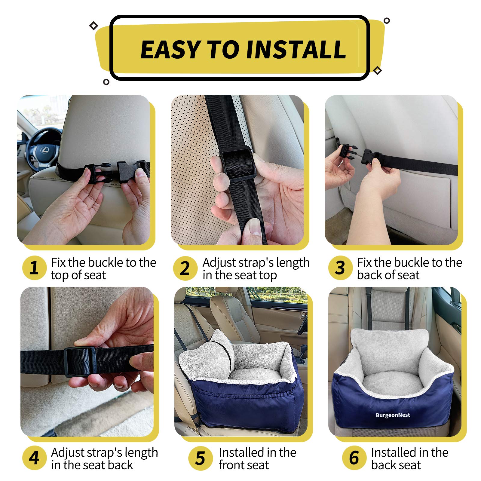 Burgeonnest Dog Car Seat For Small Dogs, Fully Detachable And Washable Cat Carseats Under 25 Lbs, Soft Pet Booster Seats With Storage Pockets And Clip-On Leash Portable Car Travel Carrier Bed, Blue