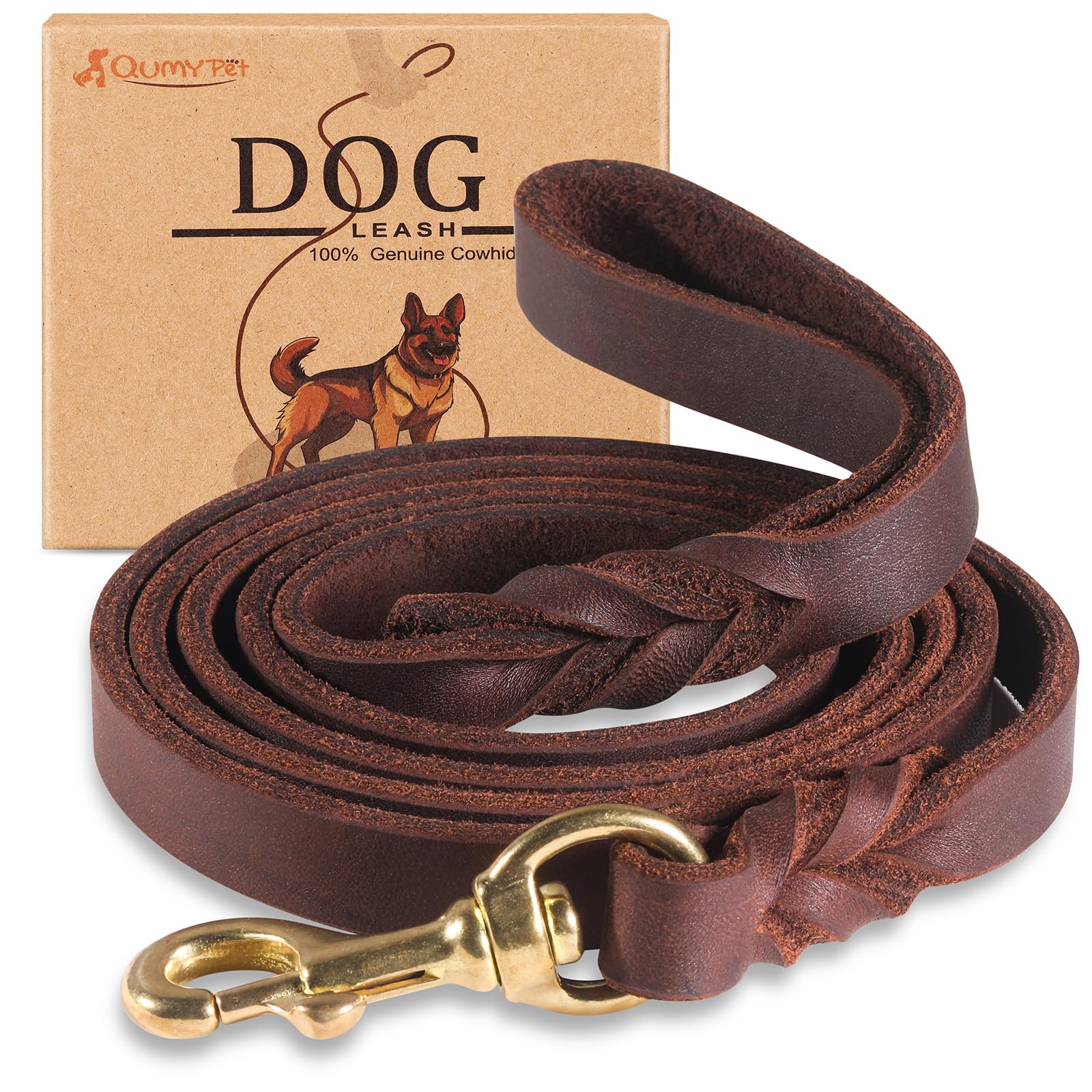 QUMY Leather Dog Leash 6ft, Heavy Duty Dog Training Leash for Large and Medium Dogs, Soft and Strong Genuine Leather Braided Han