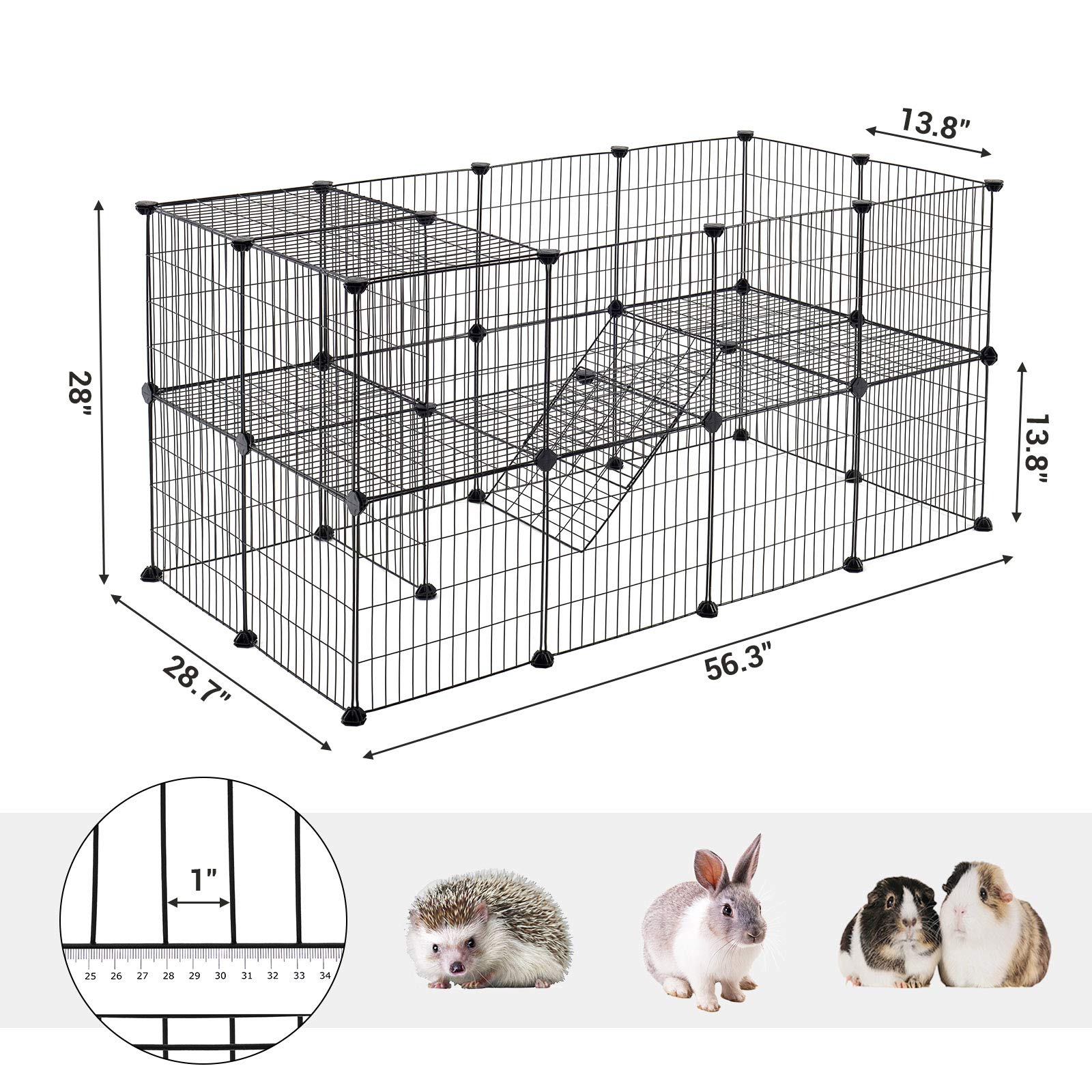 Songmics Pet Playpen, Small Animal Playpen, Rabbit Guinea Pig Cage, Zip Ties Included, Metal Wire Apartment-Style Two-Story Pet Premium Villa For Bunnies Puppies, Indoor Use, Black Ulpi02H