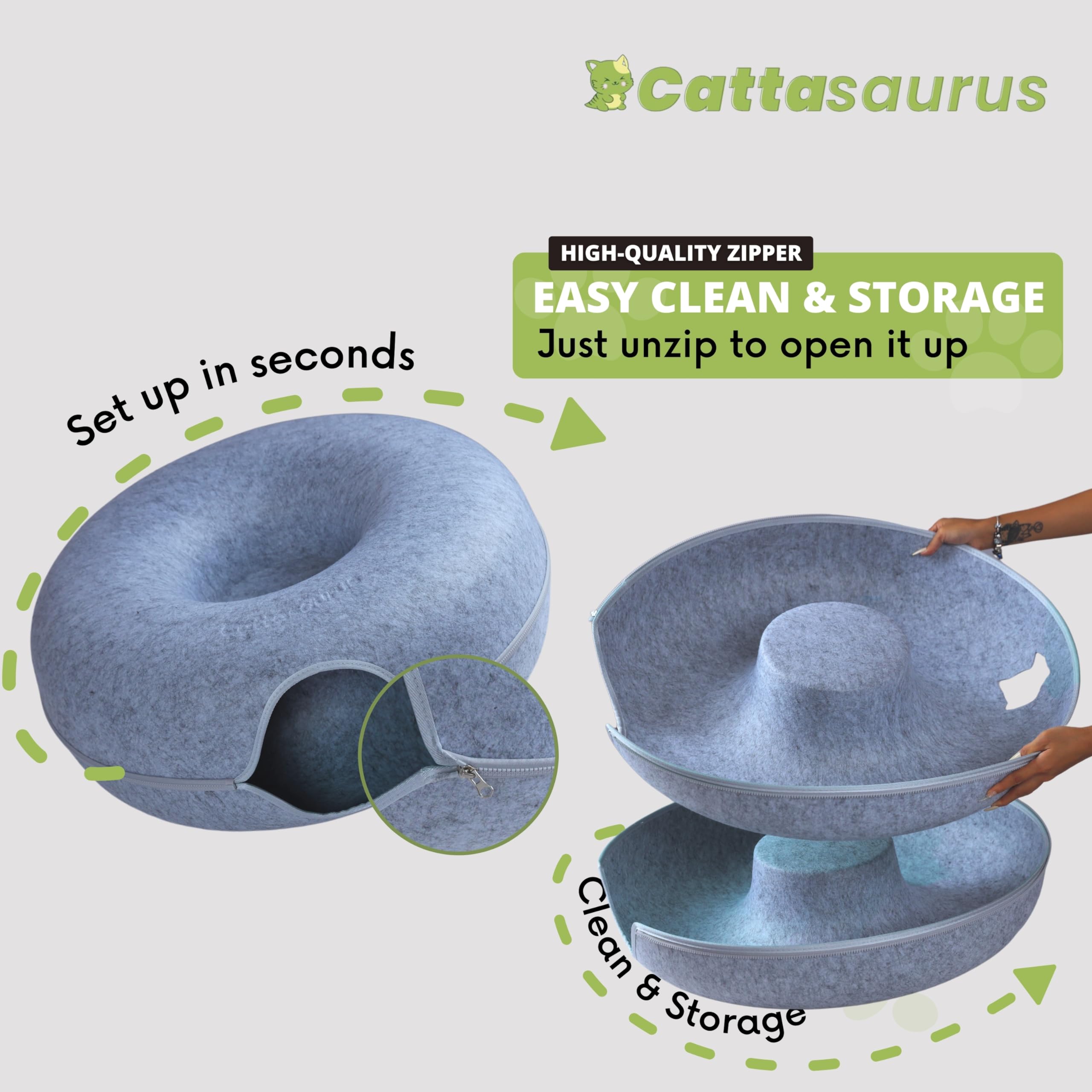 Cattasaurus Peekaboo Cat Cave For Multiple & Large Cats Up To 30-45 Lbs, Scratch Detachable & Washable Tunnel Bed, Comfy Donut Cat Cave (Light Gray, Jumbo)