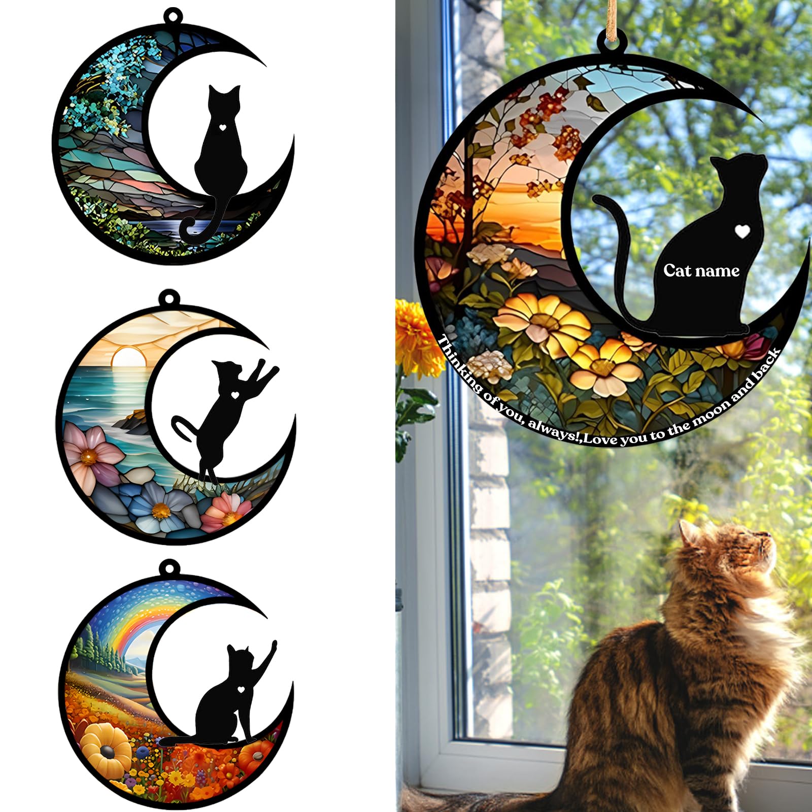 Cat Memorial Suncatcher, Personalized Pet Breeds Suncatcher With Name Date, Pet Loss Suncatcher, Stained Glass Light Catcher, Ca