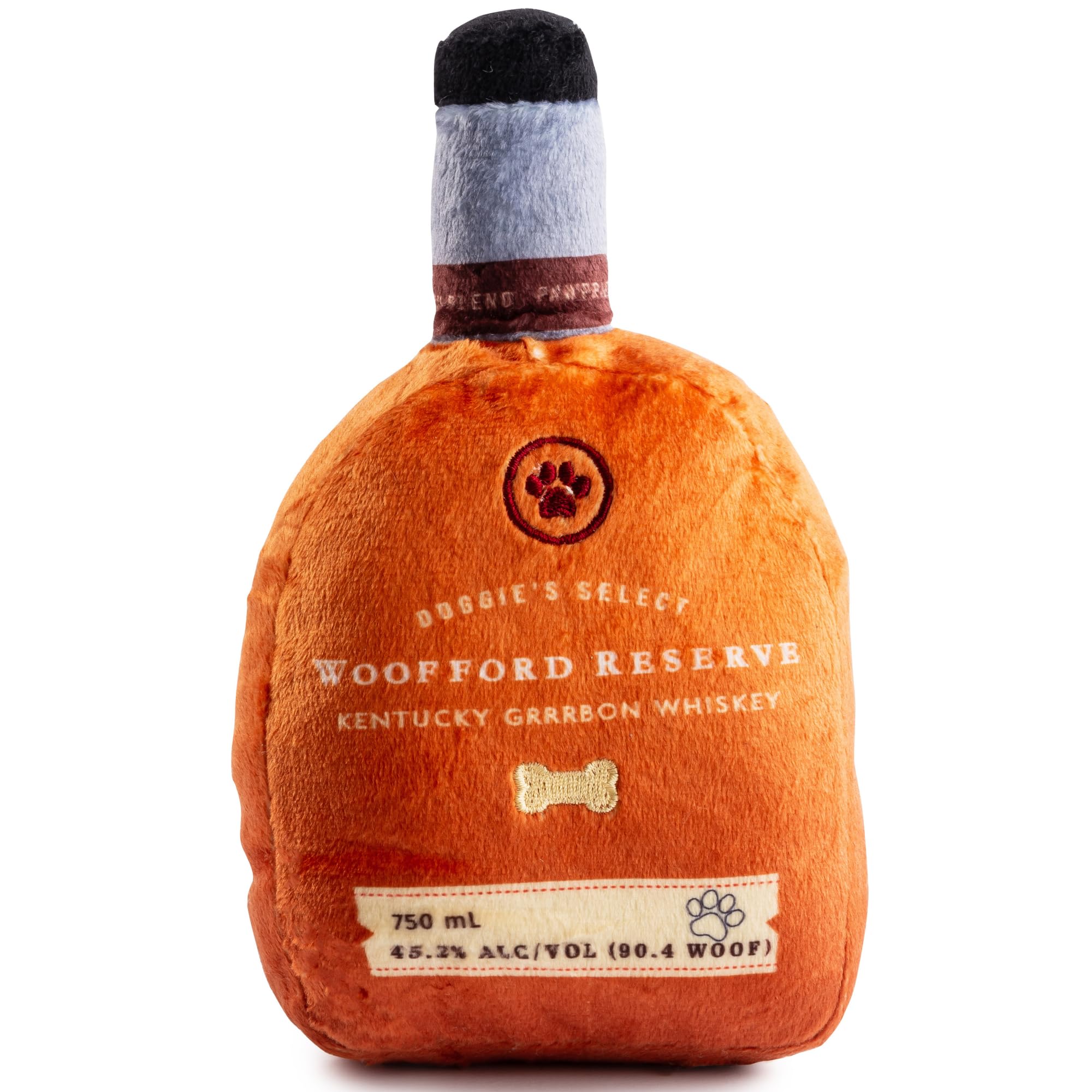 Haute Diggity Dog Woofford Reserve Bourbon Bottle Parody Plush Dog Toy For Medium & Large Dogs, Drink-Inspired Stuffed Dog Toys 