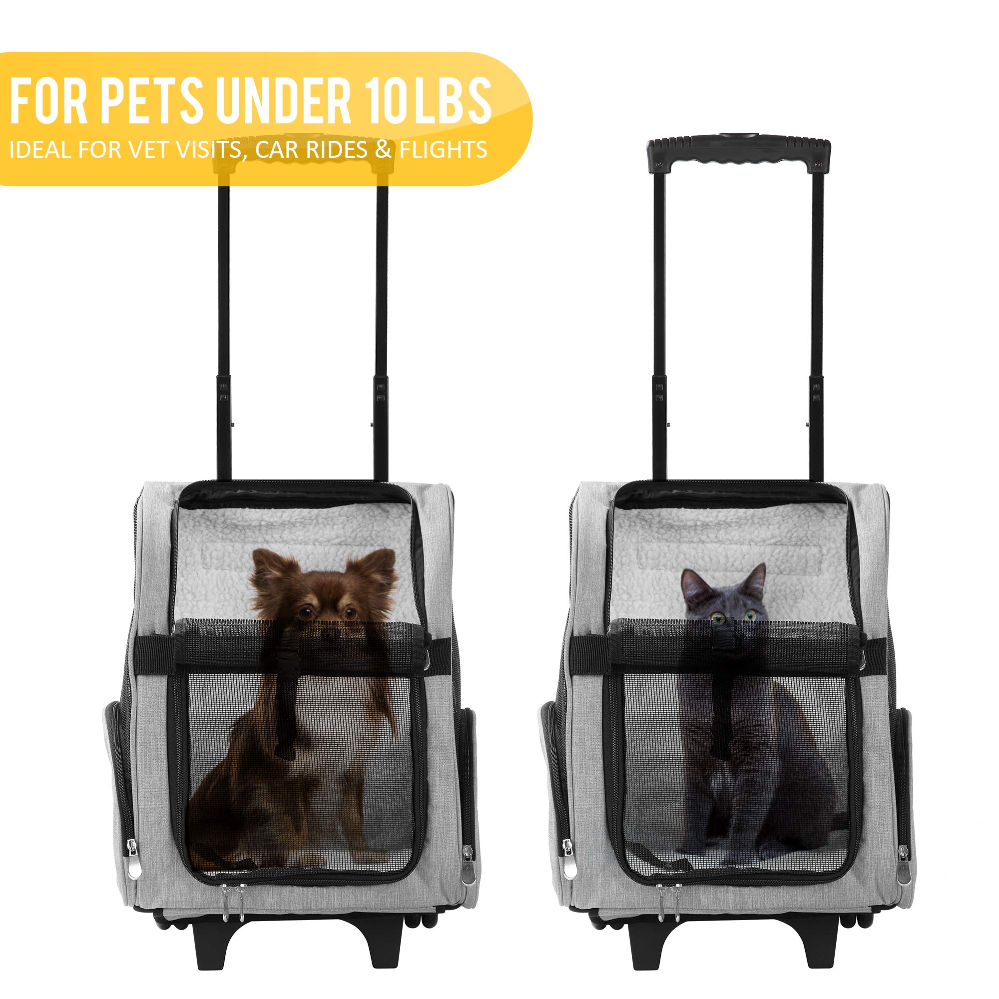 Kopeks Deluxe Backpack Pet Travel Carrier With Double Wheels - Heather Gray - Approved By Most Airlines