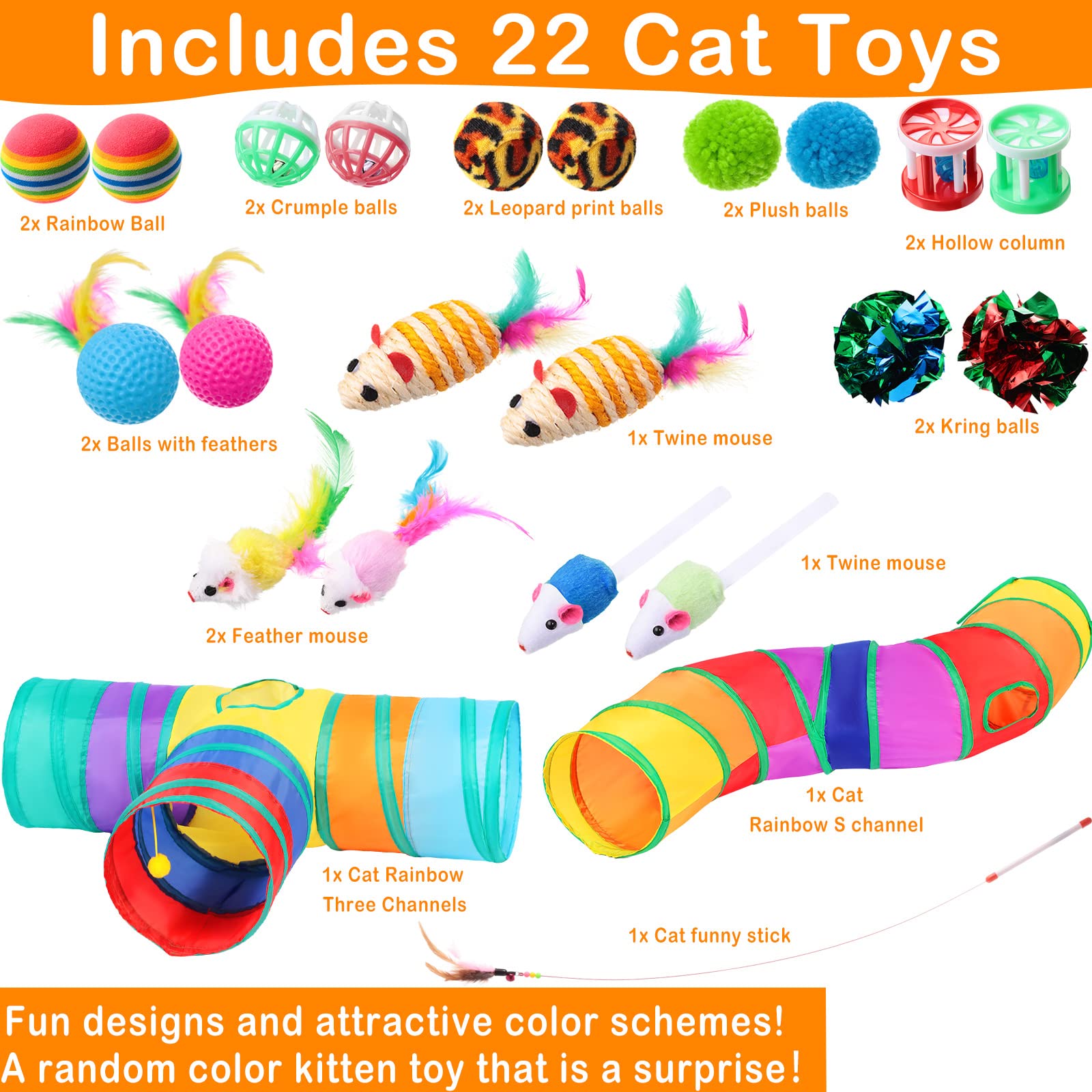 Wettarn 22 Pieces Cat Toys Set, With 2 Collapsible Tunnels For Indoor Cats And 20 Kitten Toys Tubes And Tunnels Interactive Feat