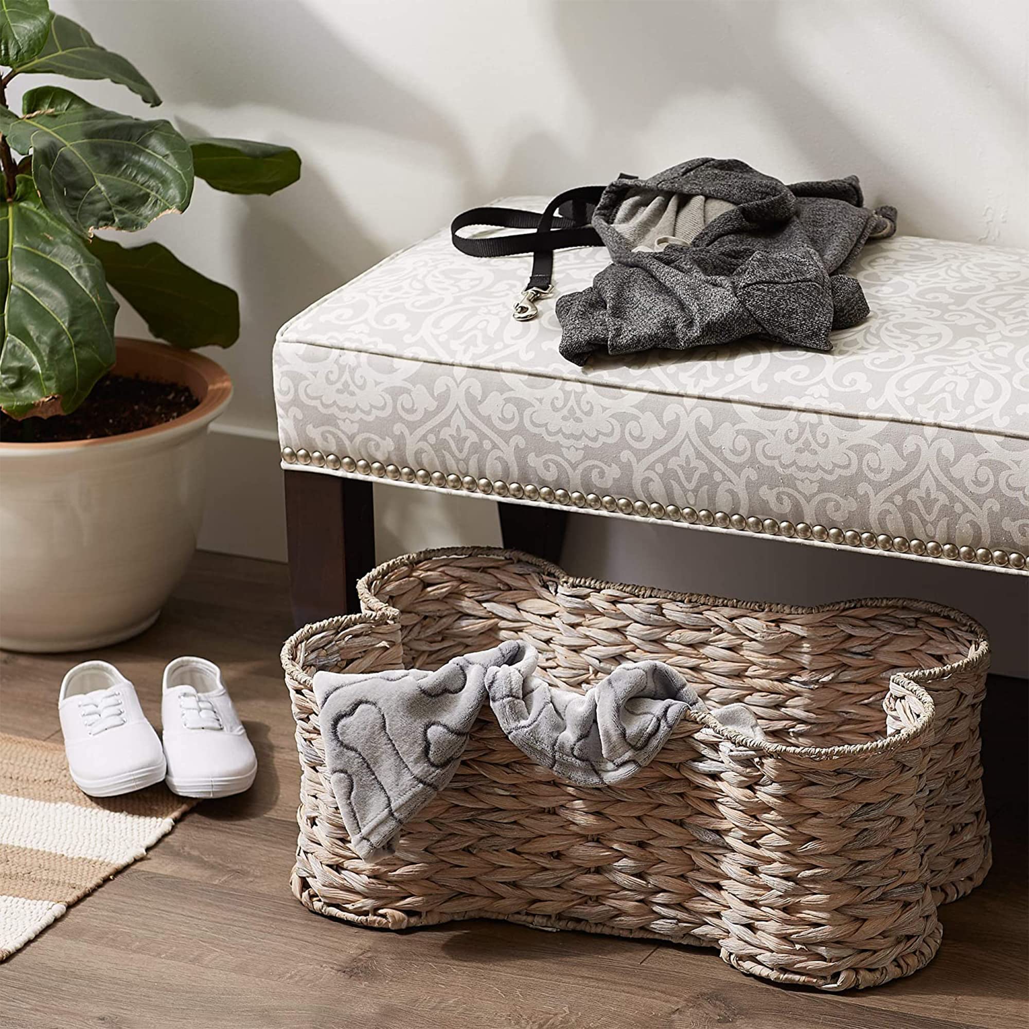 Bone Dry Pet Storage Collection Bone Shape Hyacinth Toy Basket, White Wash, Large