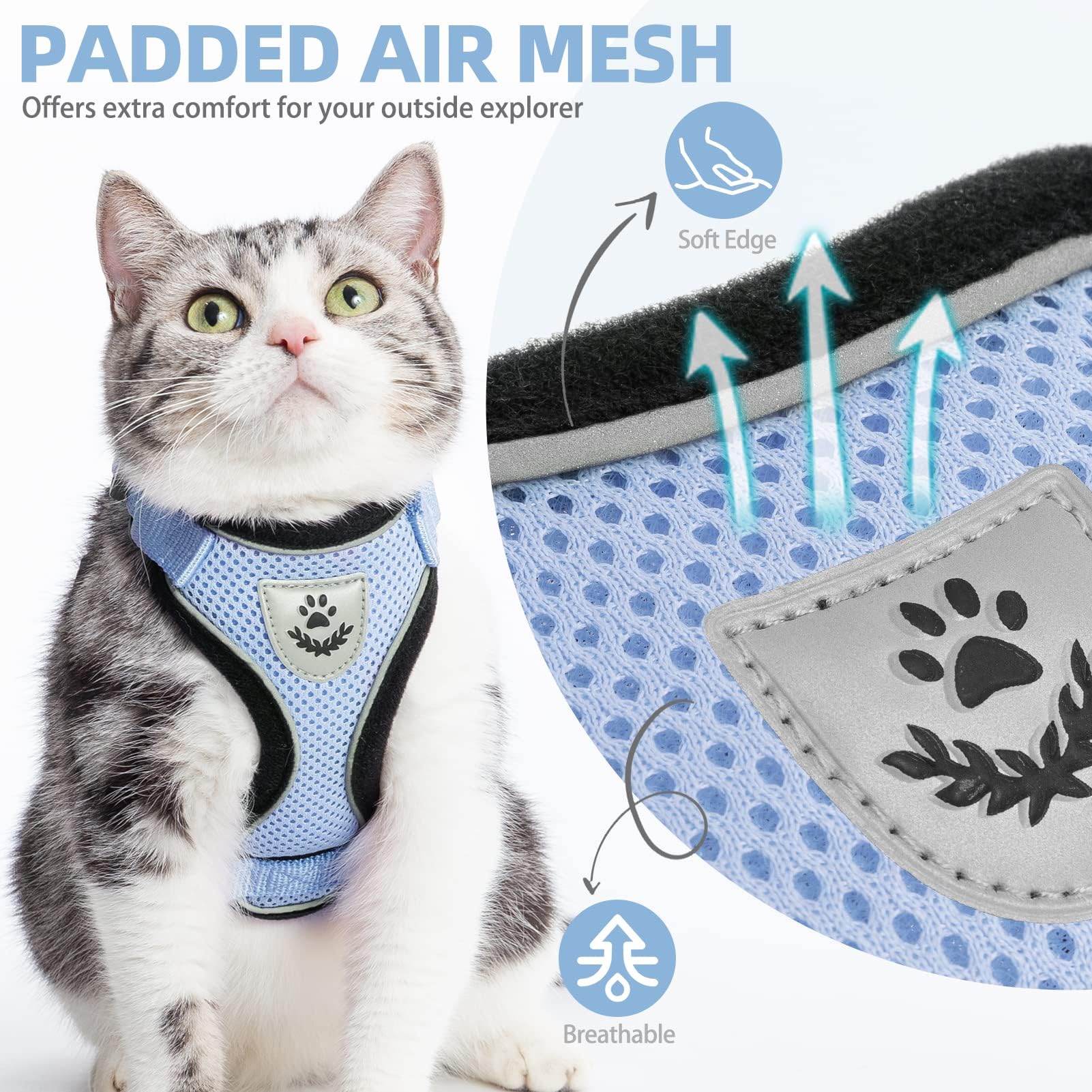 Pupteck Cat Harness And Leash Set Escape Proof Reflective Cat Walking Harness Adjustable Soft Breathable Mesh Vest For Small Pets, Sky Blue, M