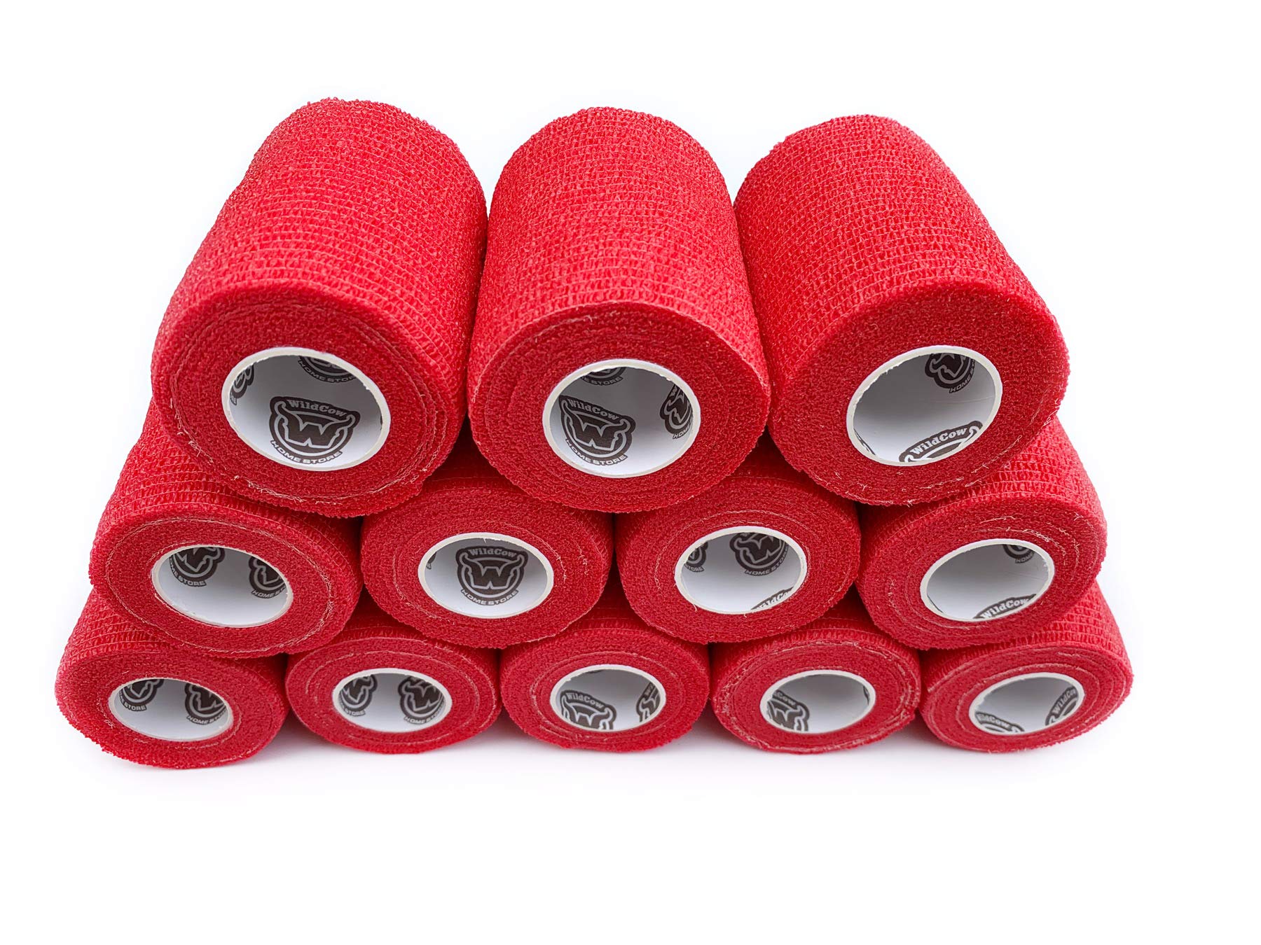 Wildcow 3'' Red Vet Wrap Tape Bulk, 12 Pack Cohesive Bandage Wrap, Self Adherent Grip Rolls
