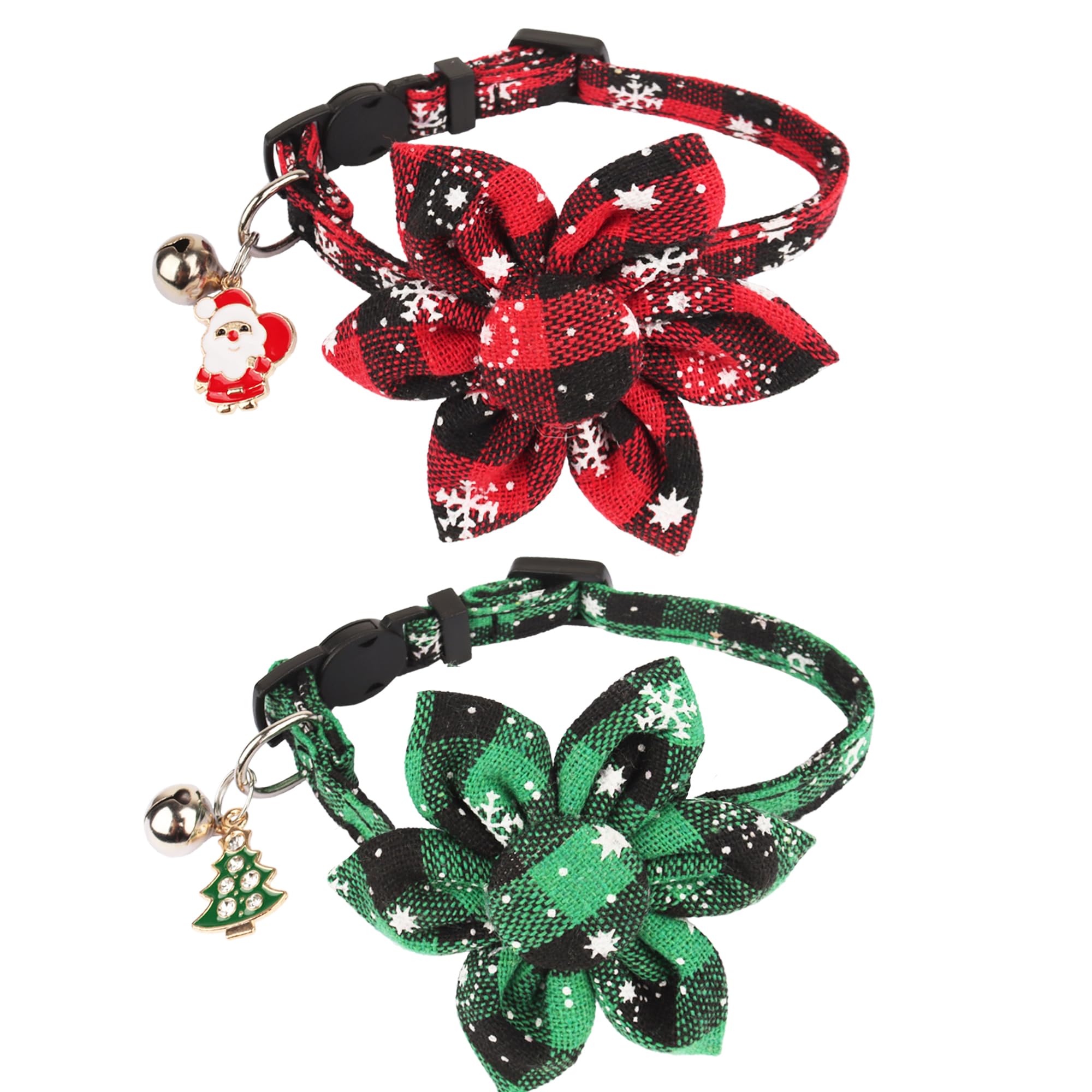 Adoggygo Christmas Cat Collar Breakaway With Flower Bell - 2 Pack Cat Christmas Collar Red Green Plaid Xmas Kitten Collar With Removable Floral Cat Flower Collar For Cats Kittens (6.5'- 8.5', Floral)