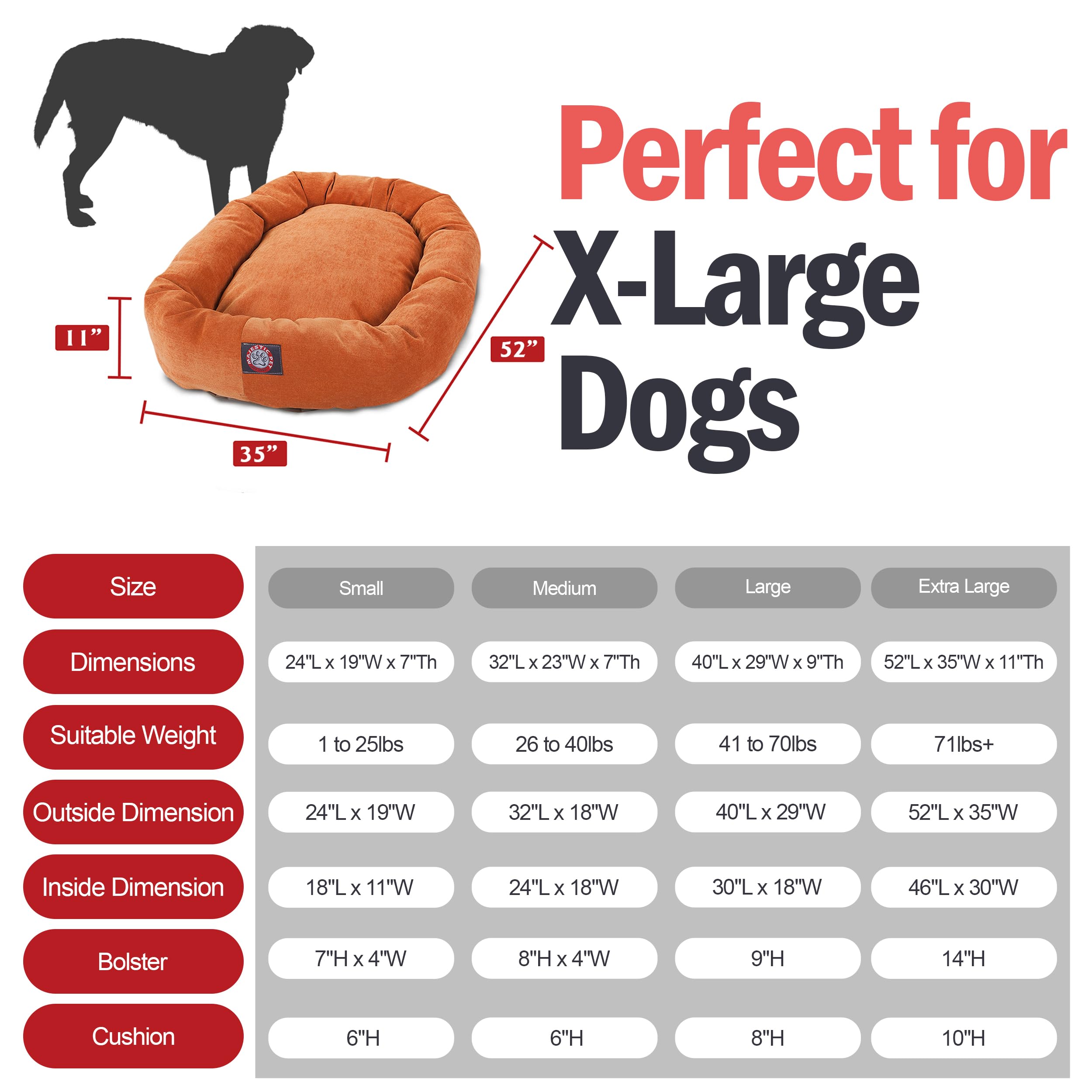 Majestic Pet 52 Inch Micro Velvet Calming Dog Bed Washable – Cozy Soft Round Dog Bed With Spine For Head Support - Fluffy Donut Dog Bed 52X35X11 (Inch) – Round Pet Bed X- Large – Orange