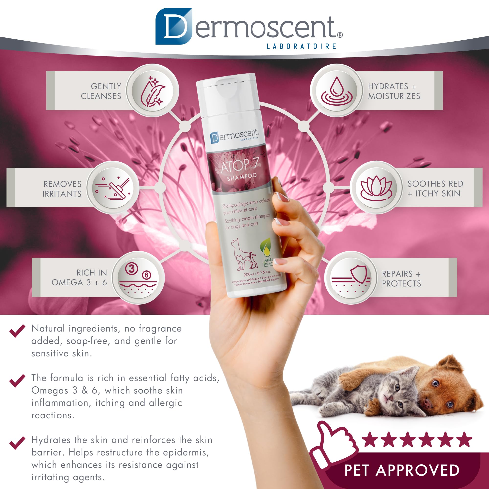 Dermoscent Atop 7 Shampoo For Dogs & Cats - Allergies & Itchy Skin Relief - Natural Ingredients - Helps Soothe Dermatitis & Atop